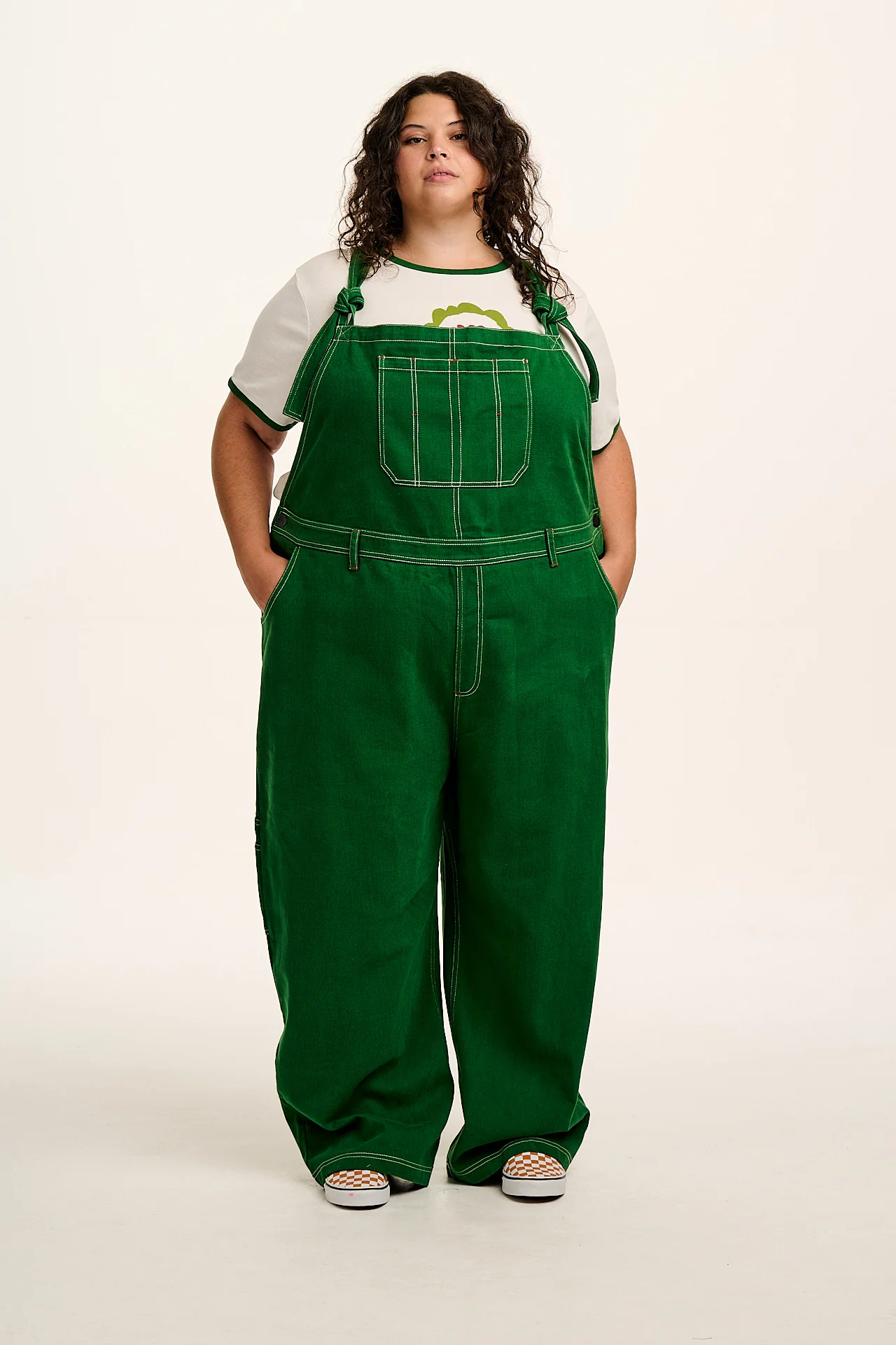 Mullen - Cotton Dungarees in Green Contrast Stitch
