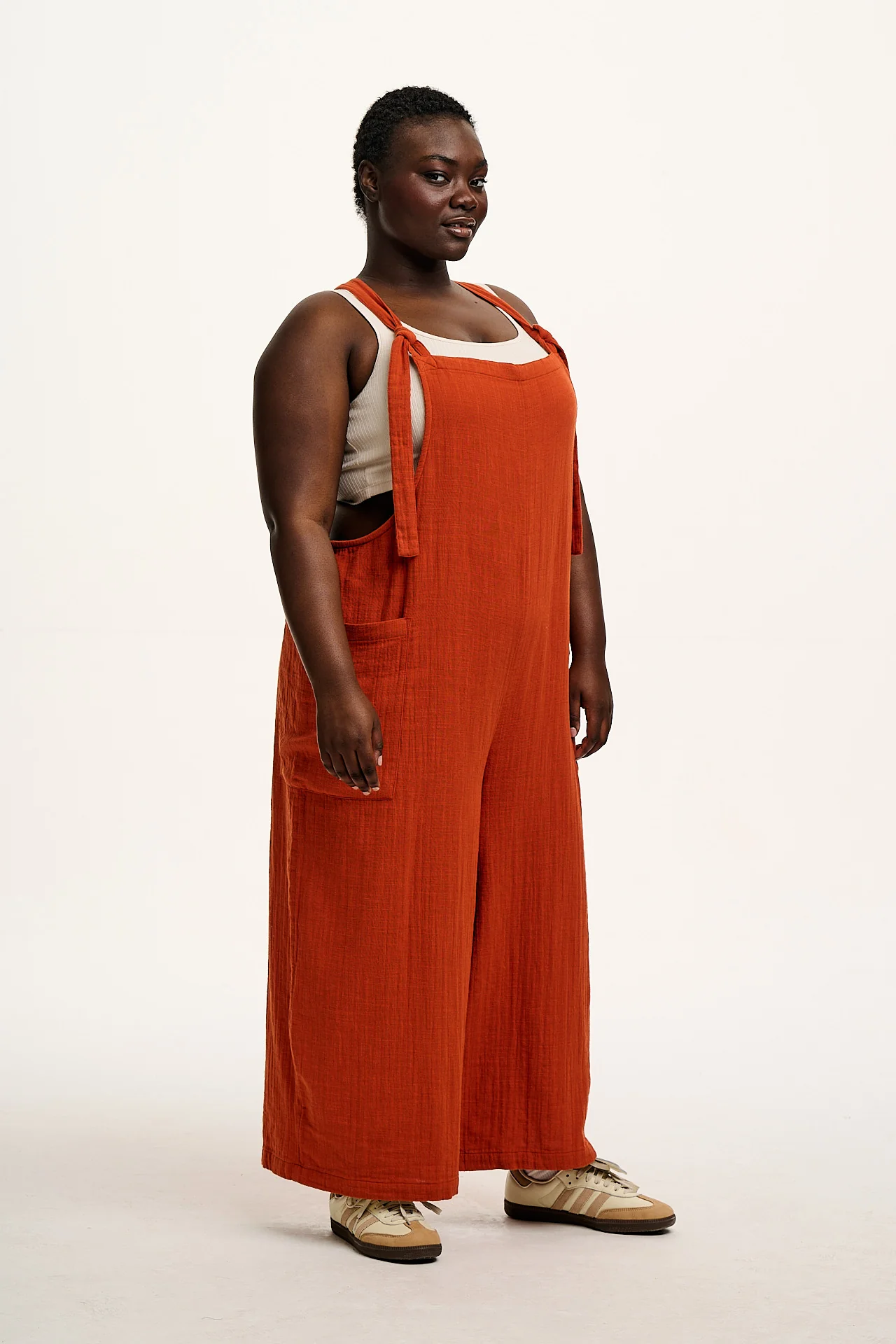 Rudy - Cotton Gauze Dungarees in Terracotta Orange