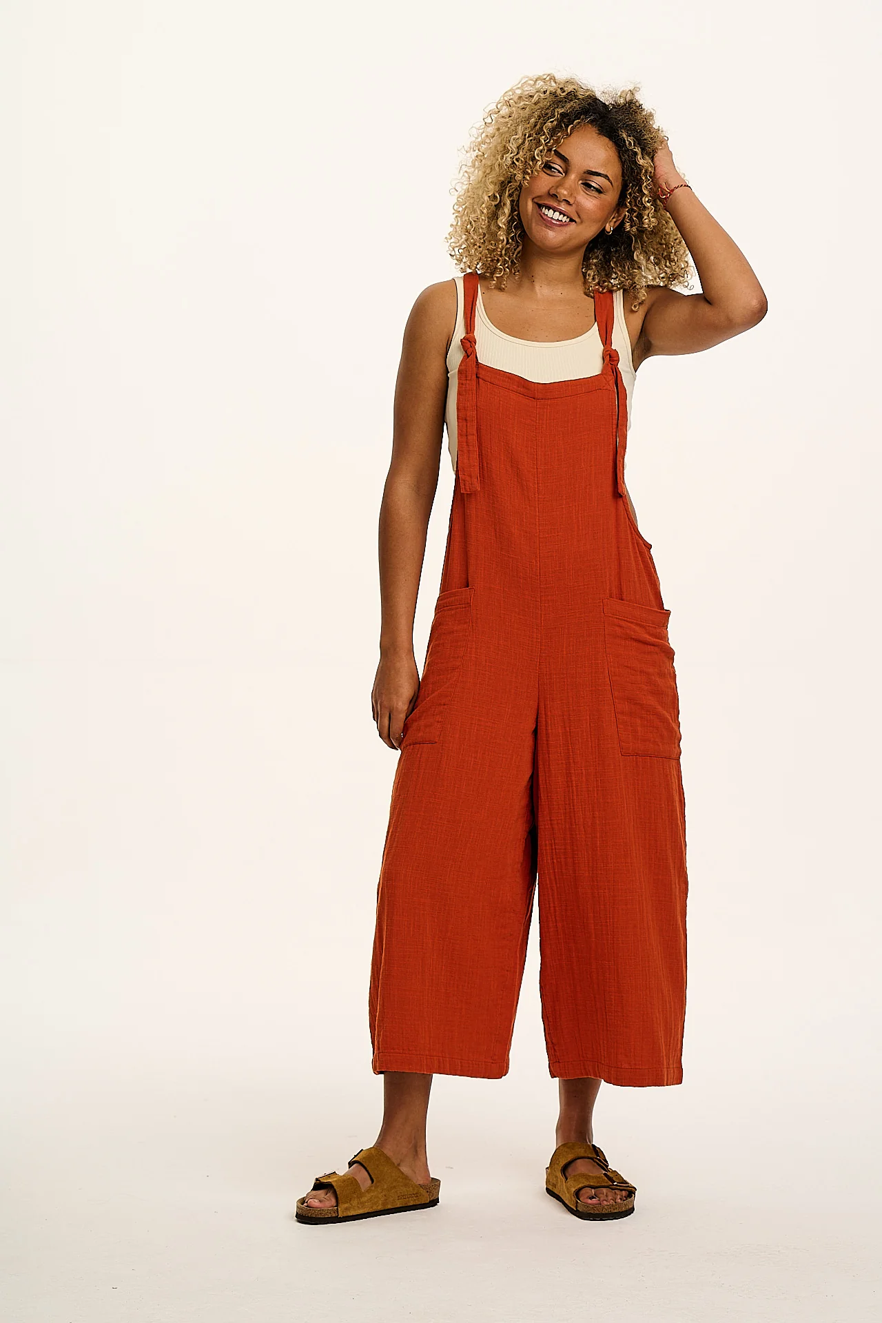Rudy - Cotton Gauze Dungarees in Terracotta Orange
