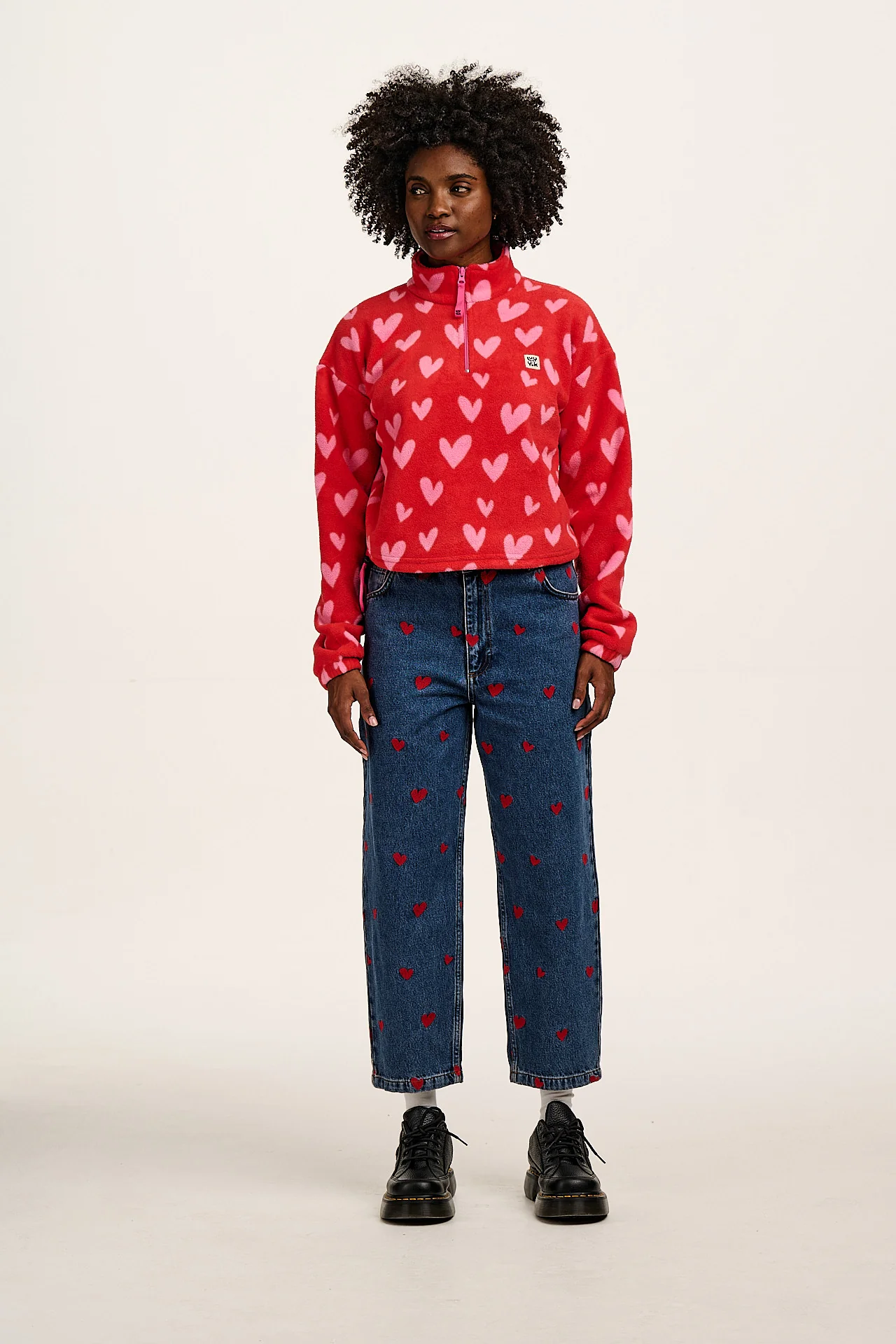 Drew - Cropped Straight Leg Denim Jeans in Mid Wash Blue with Cupid Hearts Embroidery