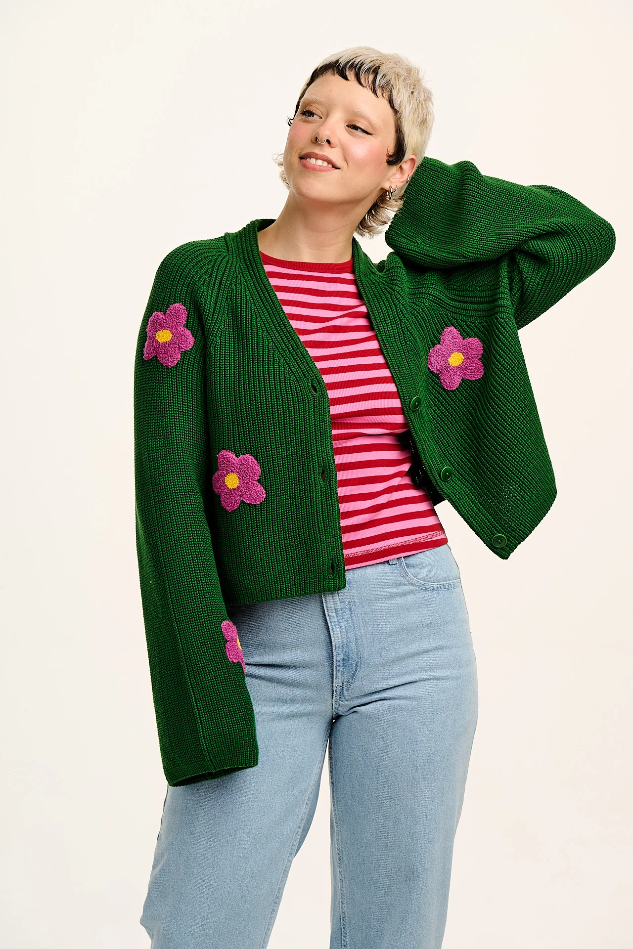 Robyn - V-Neck Cotton Cardigan in Green with Bubble Floral Motif
