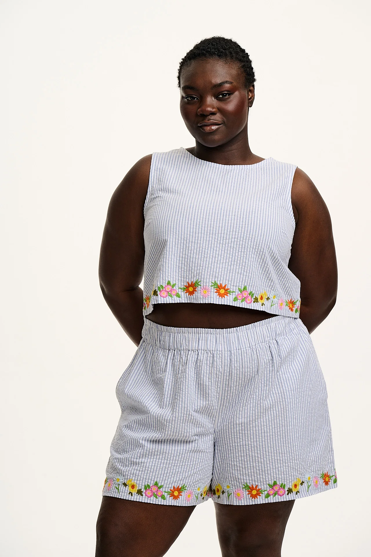 Arden - Cotton Seersucker Shell Top in Blue Stripe with Floral Embroidery