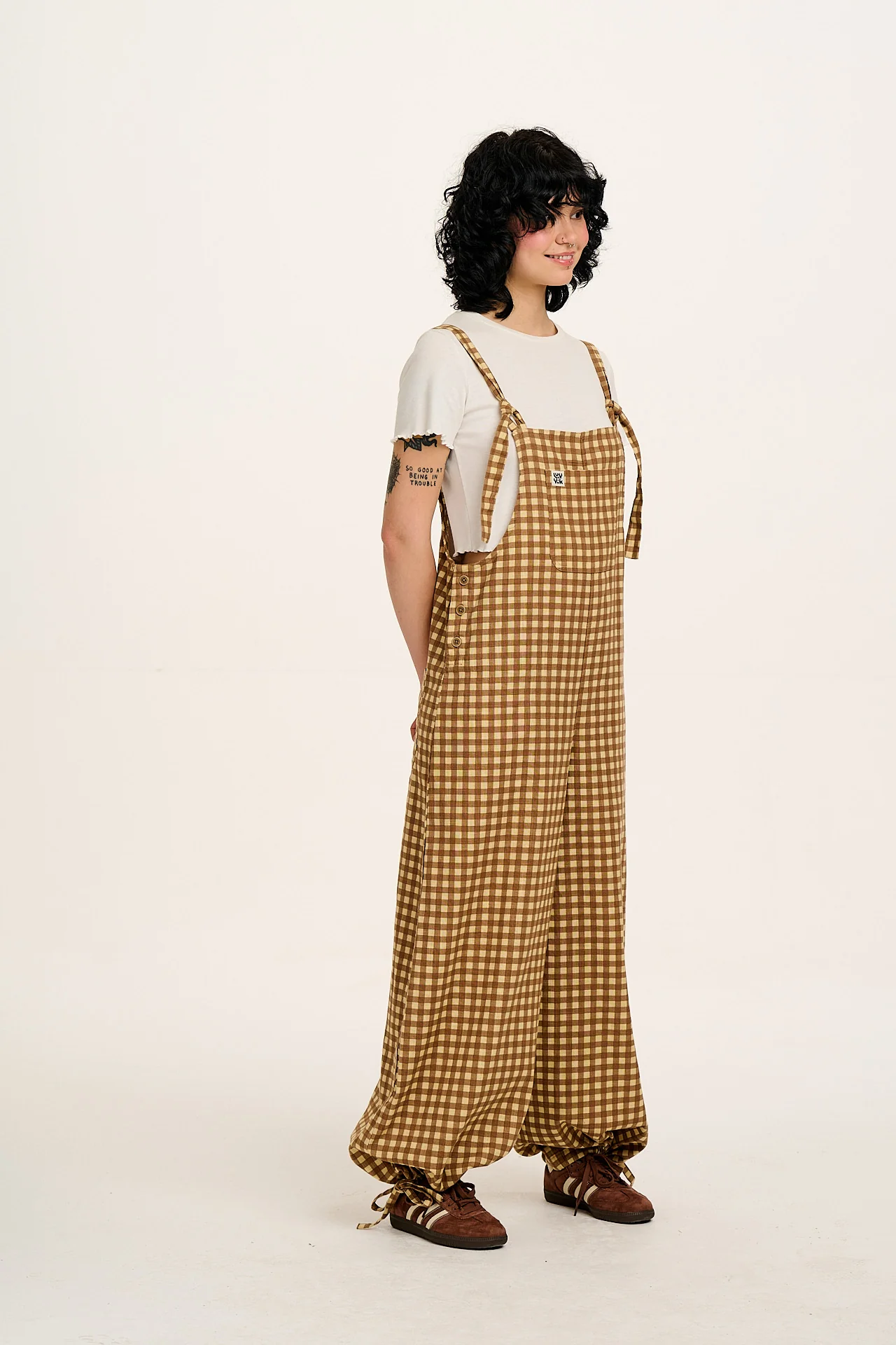 Ali - Wide Leg Cotton Dungarees Brown Birch Gingham Print