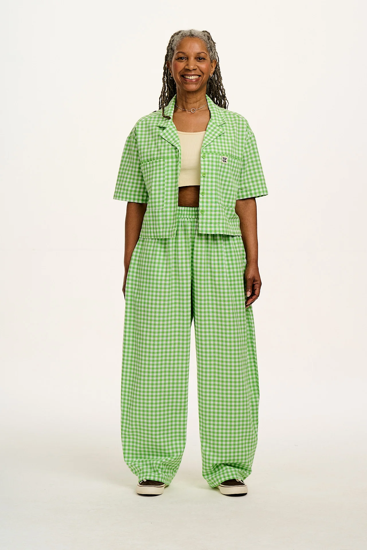 Freddie - Barrel Leg Cotton Trousers in Green Bonitto Gingham