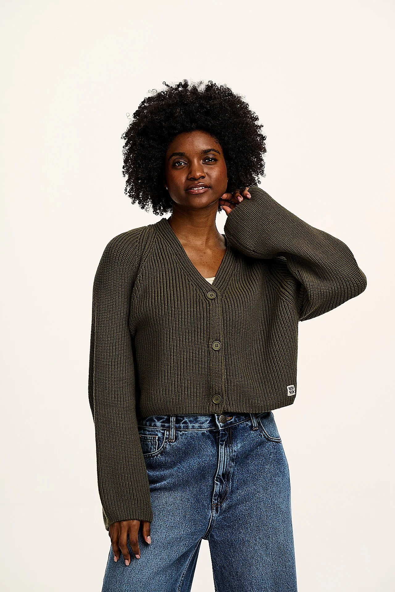 Robyn - V-Neck Cotton Cardigan in Ivy Green