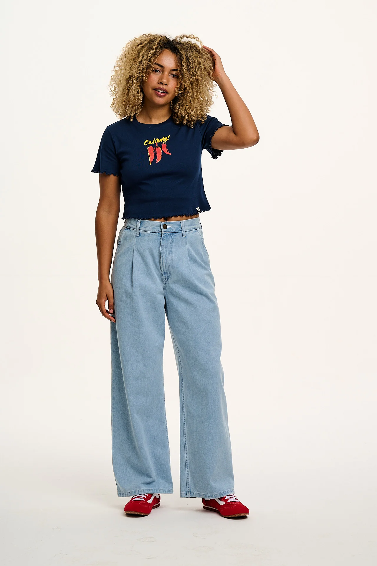 Greta - Cropped Cotton Top in Navy Caliente! Print