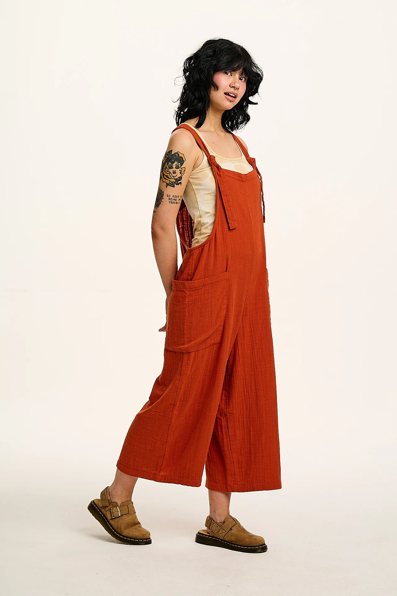 Rudy - Cotton Gauze Dungarees in Terracotta Orange