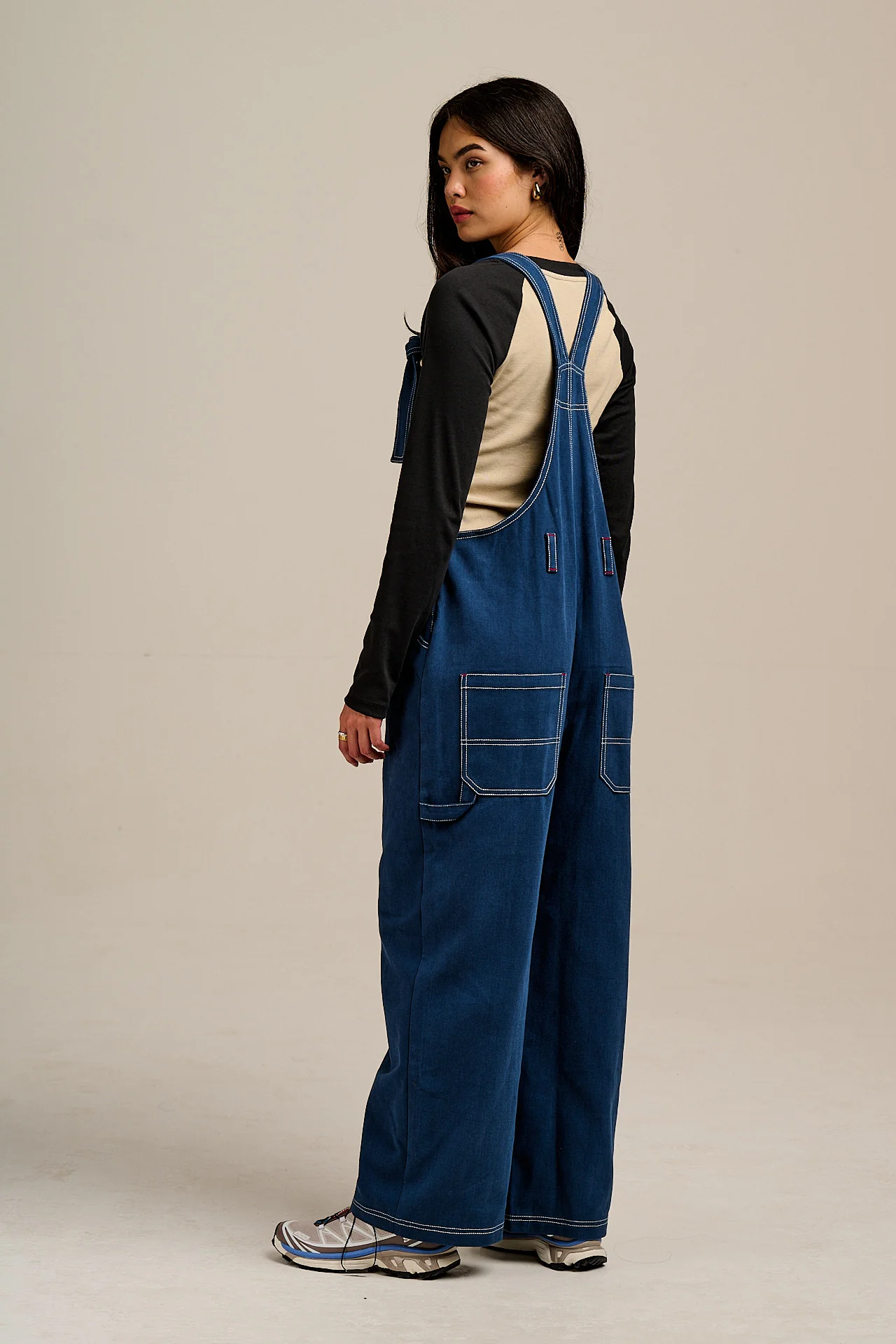 Mullen - Cotton Dungarees in Navy with Contrast Stripe