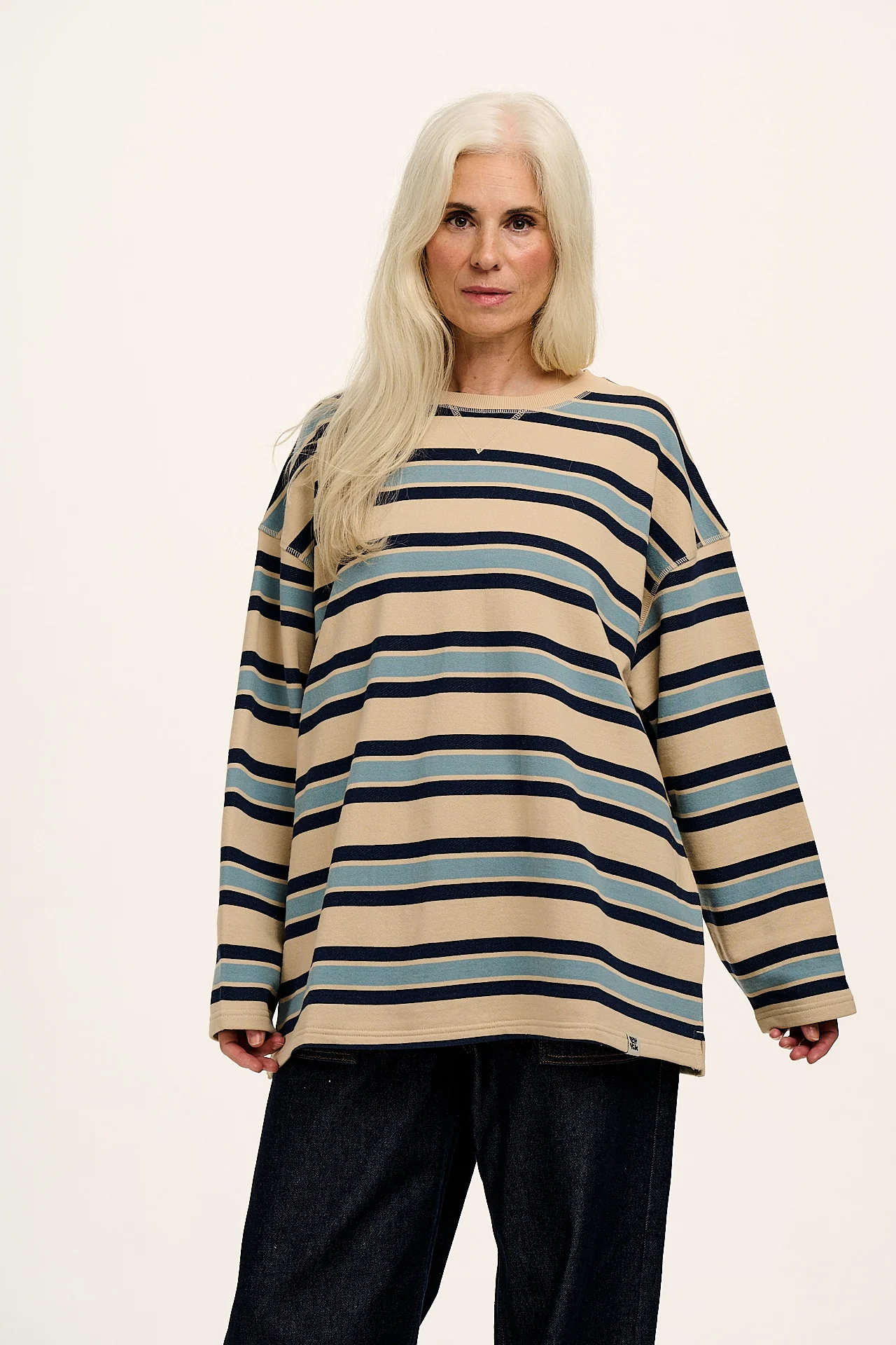 Kai - Midweight Cotton Crew Neck Sweatshirt in Blue Stripe