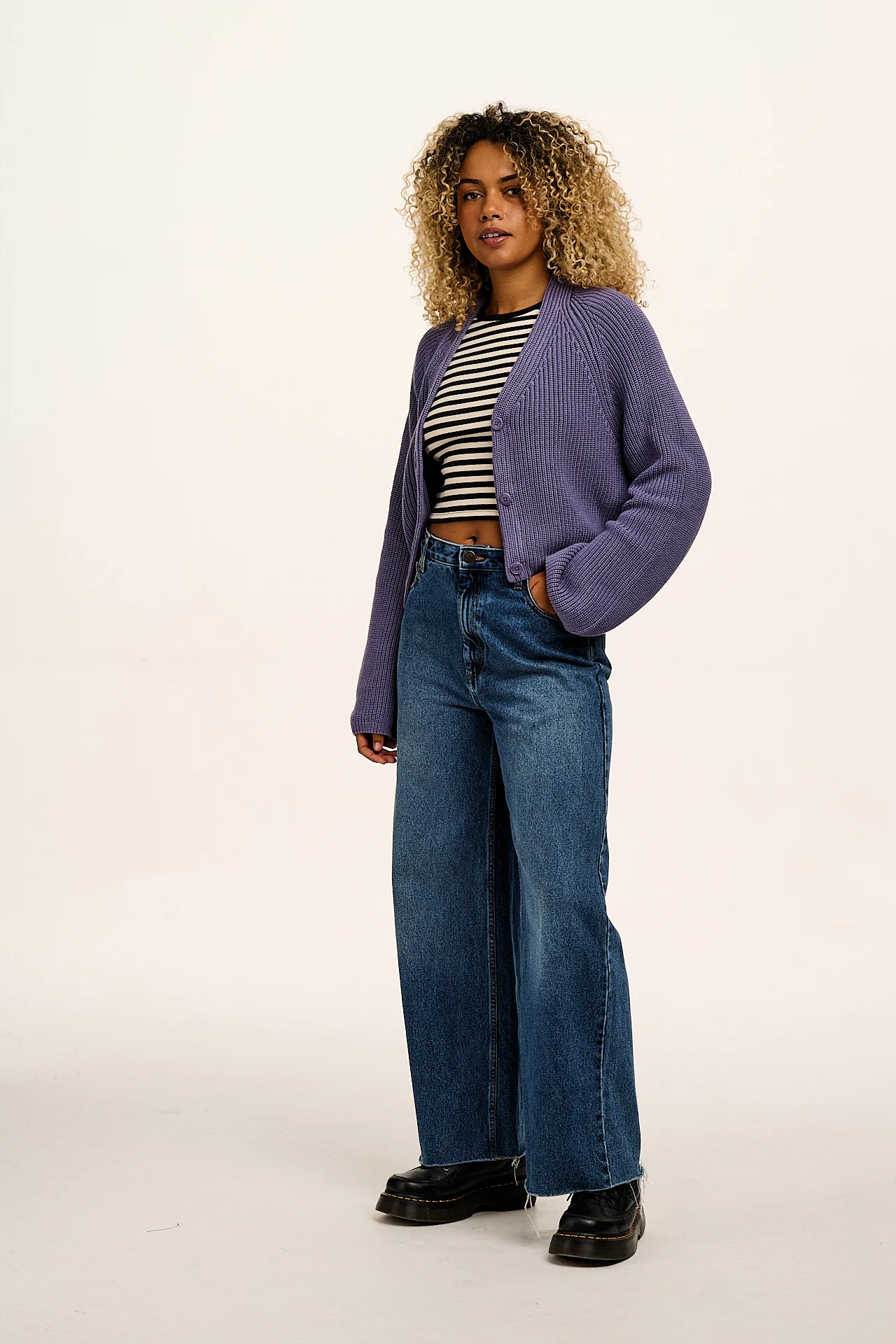Robyn - V-Neck Cotton Cardigan in Purple