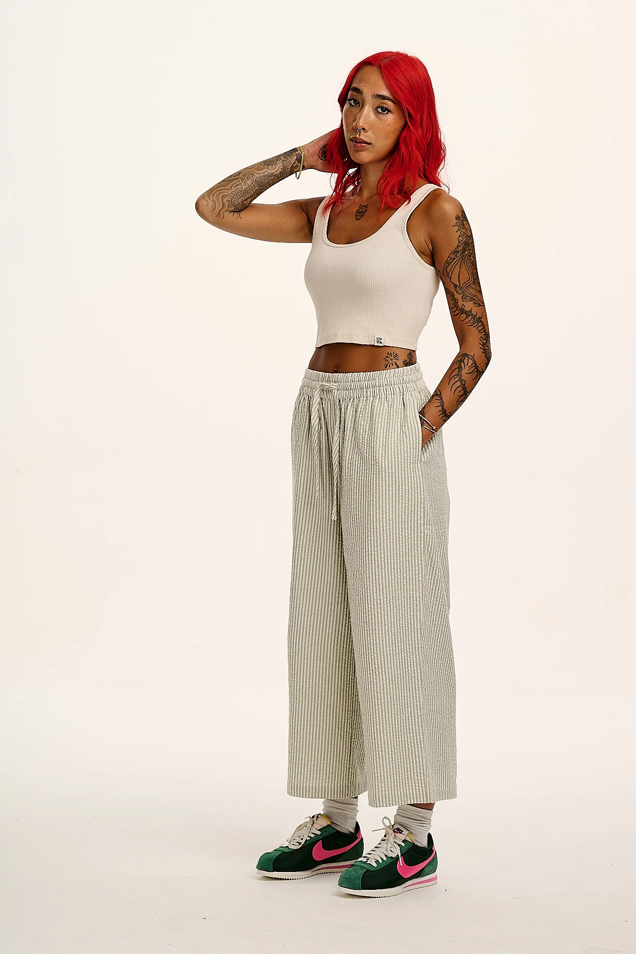 Chuck - Wide Leg Cotton Trousers in Green Stripe