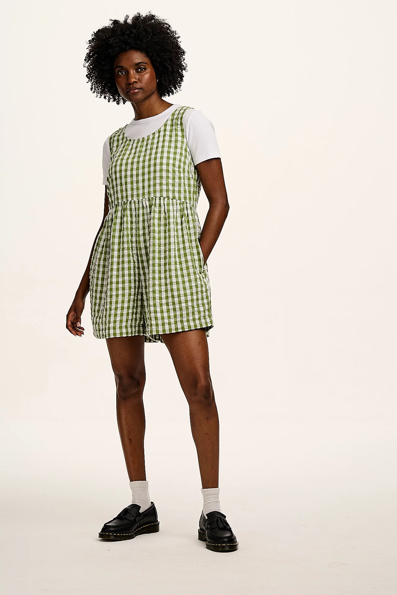 Alisa - Cotton Playsuit in Green & White Gingham