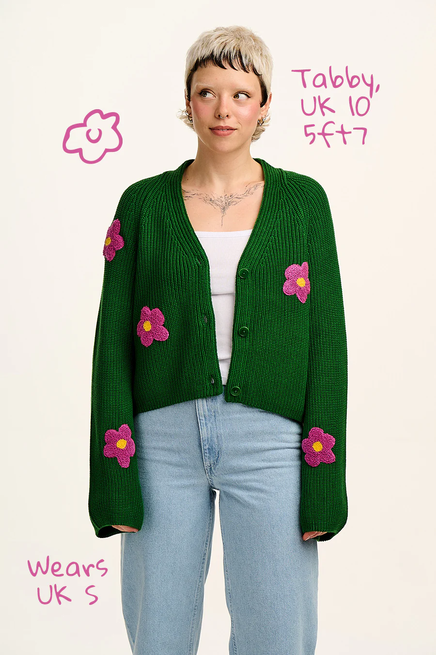 Robyn - V-Neck Cotton Cardigan in Green with Bubble Floral Motif