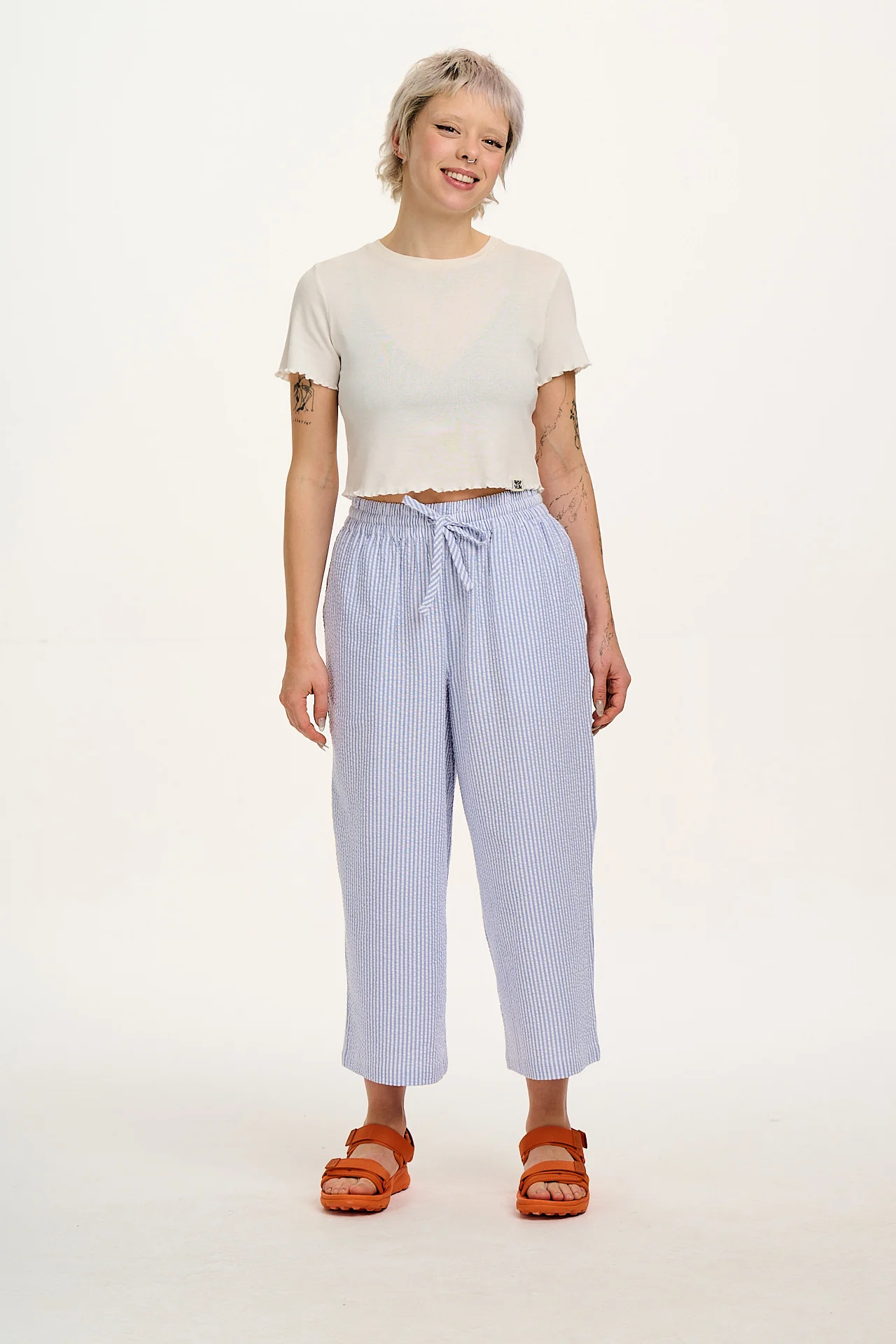 Chuck - Wide Leg Cotton Trousers in Blue Stripe