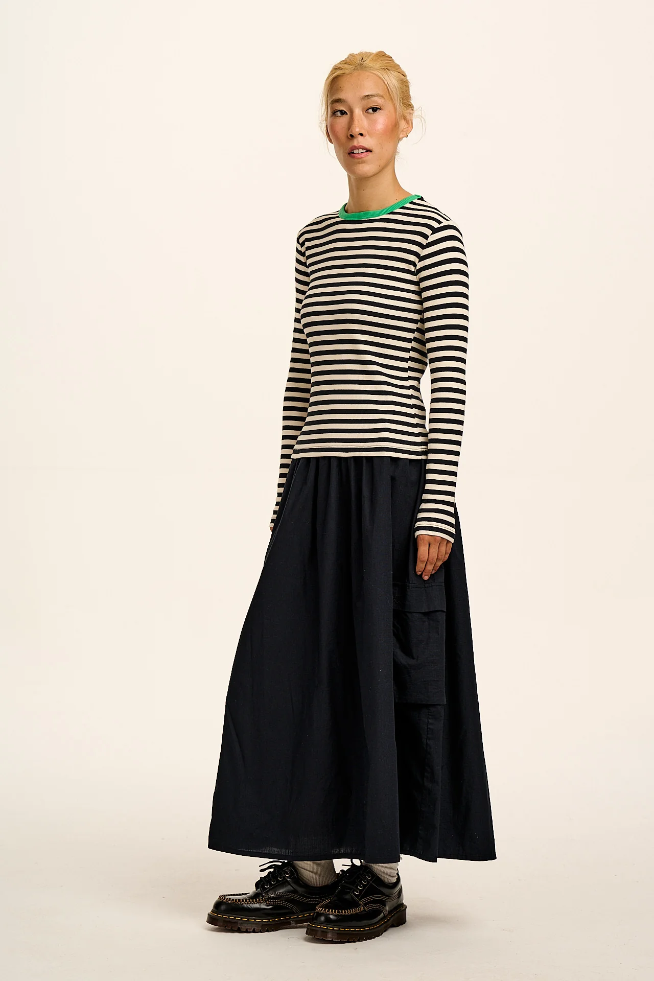 Grayson - Long Sleeve Cotton Tee in Black & White Stripe