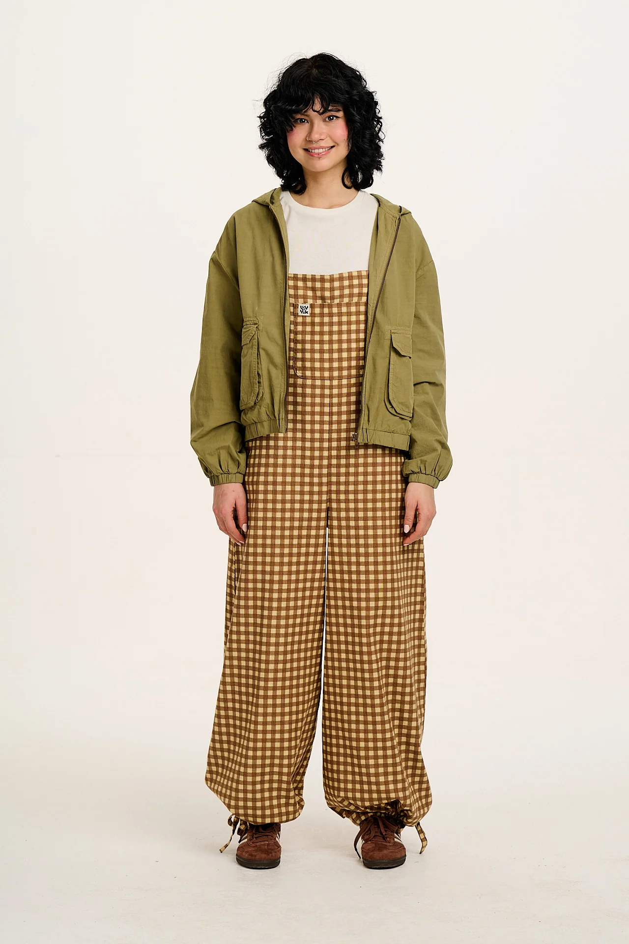 Ali - Wide Leg Cotton Dungarees Brown Birch Gingham Print