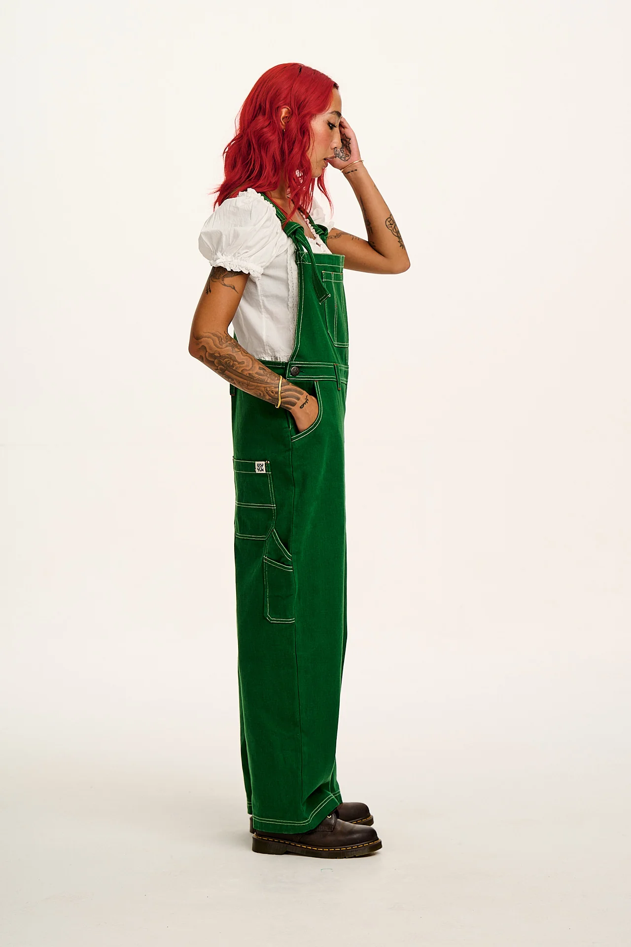 Mullen - Cotton Dungarees in Green Contrast Stitch
