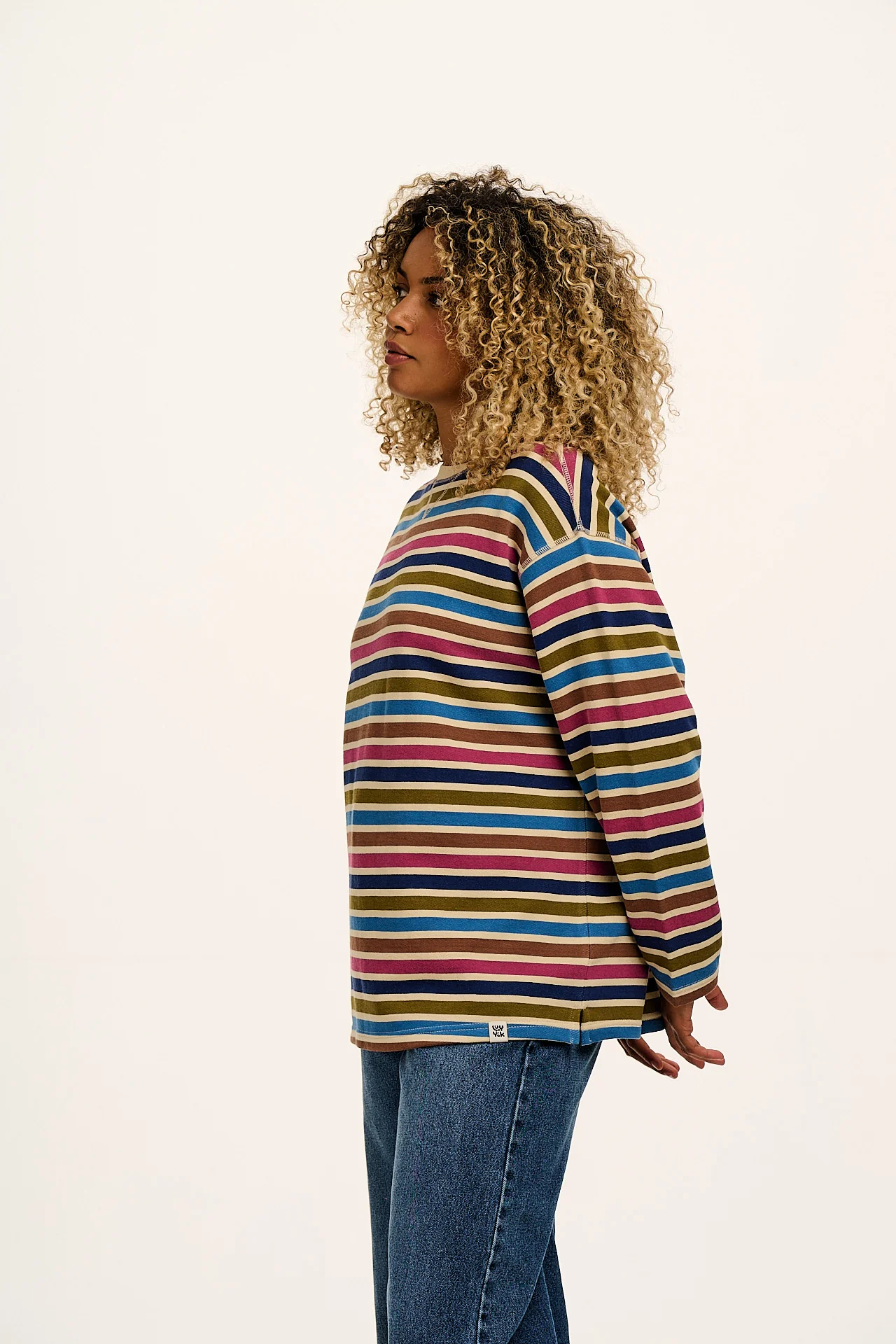 Kai - Midweight Cotton Crew Neck Sweatshirt in Rainbow & Ecru Stripe