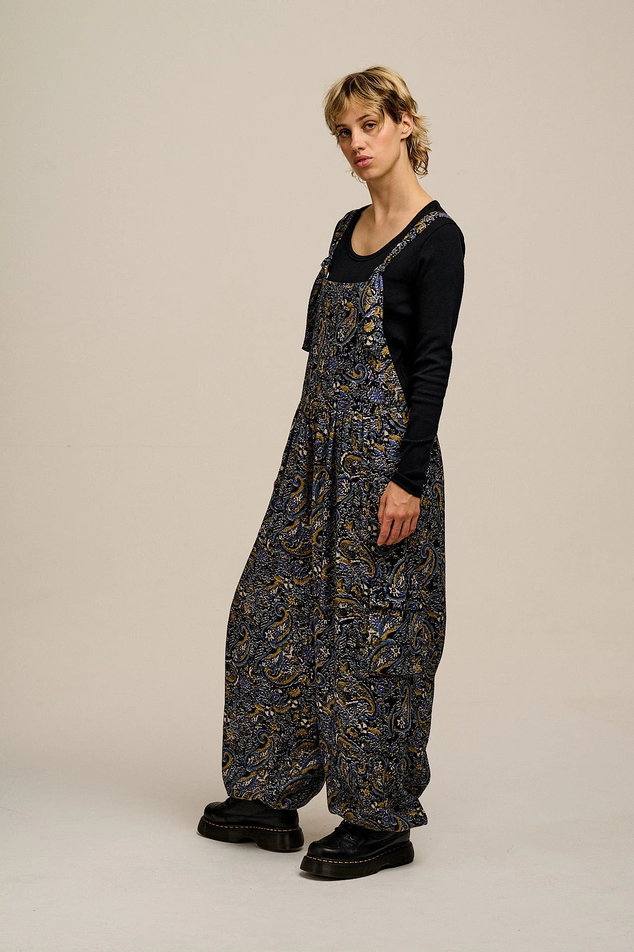 Miyada - Brushed Cotton Dungarees in Grunge Blue Paisley Print