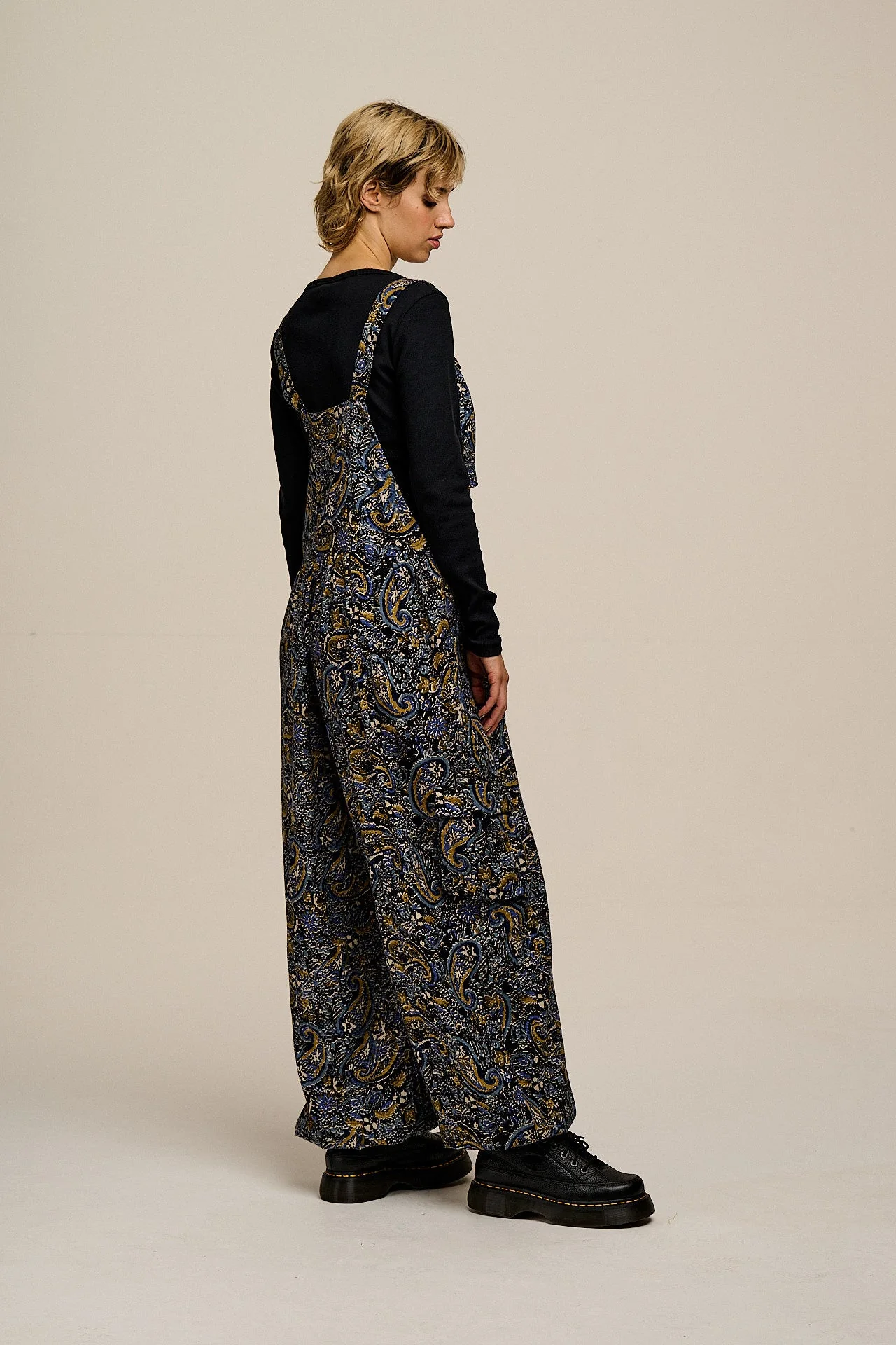 Miyada - Brushed Cotton Dungarees in Grunge Blue Paisley Print