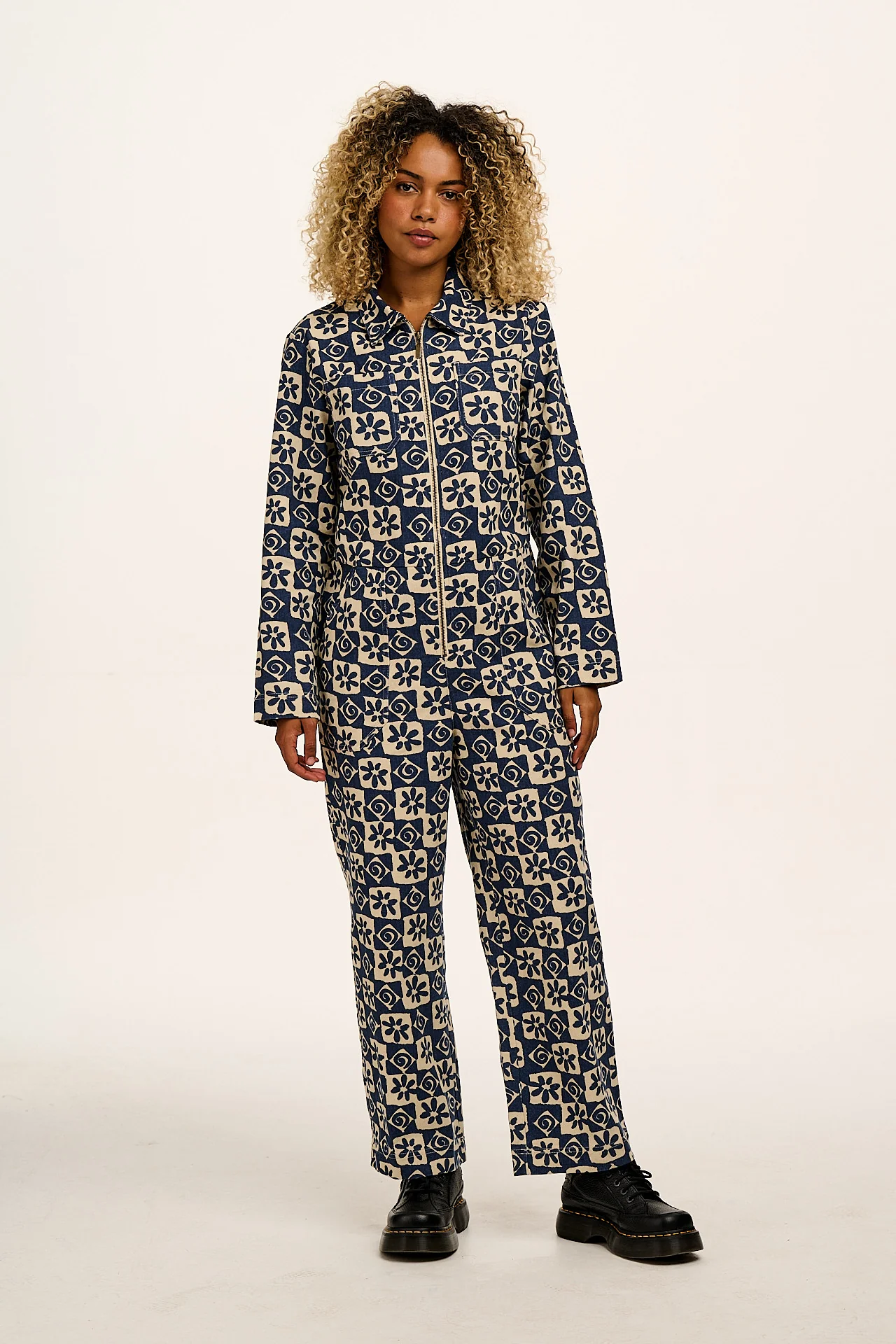 Arendal - Cotton Jumpsuit in Blue Floral Check Print