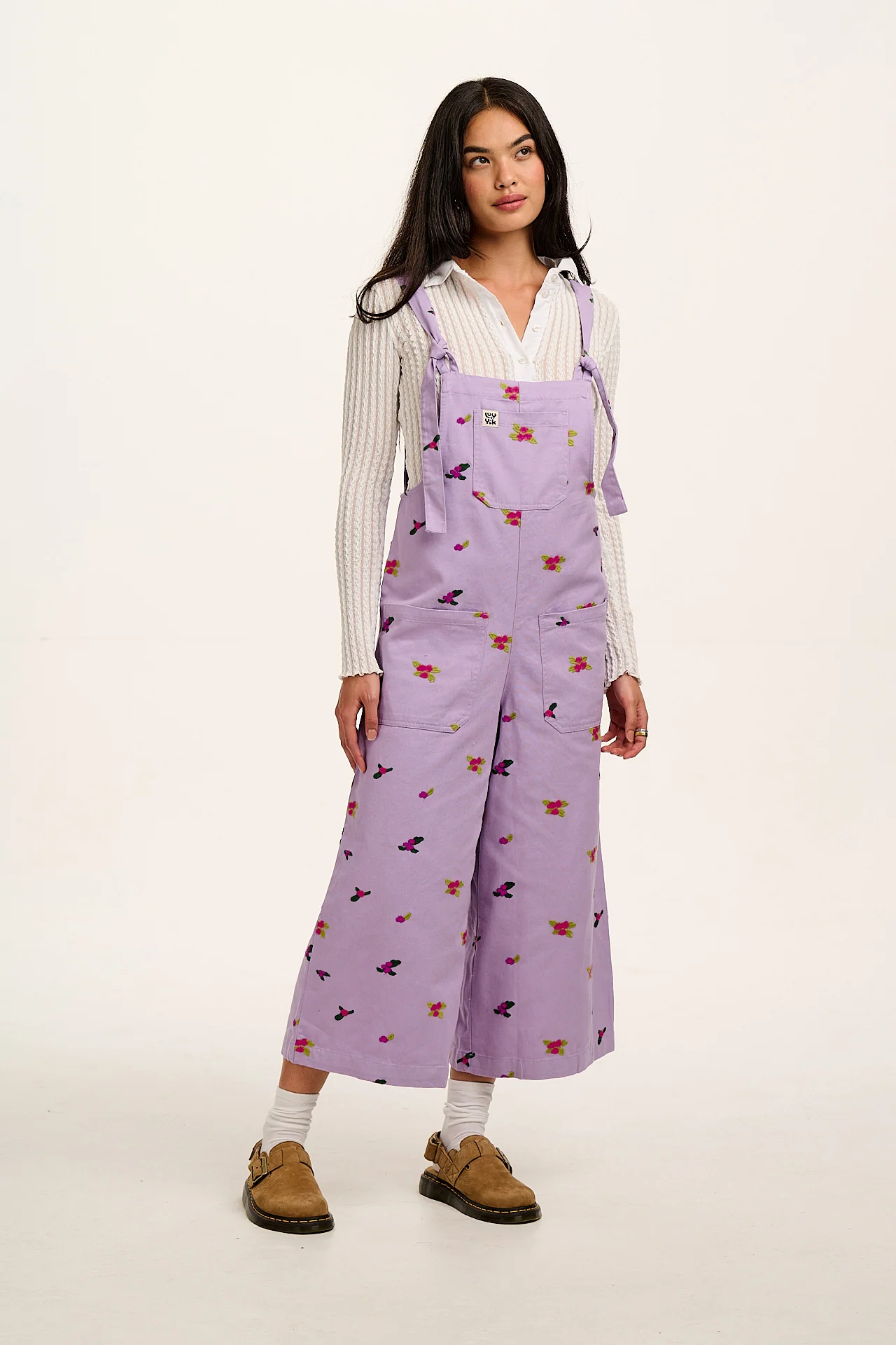 Jenny -  Wide Leg Cotton Dungarees in Lilac with Floral Embroidery