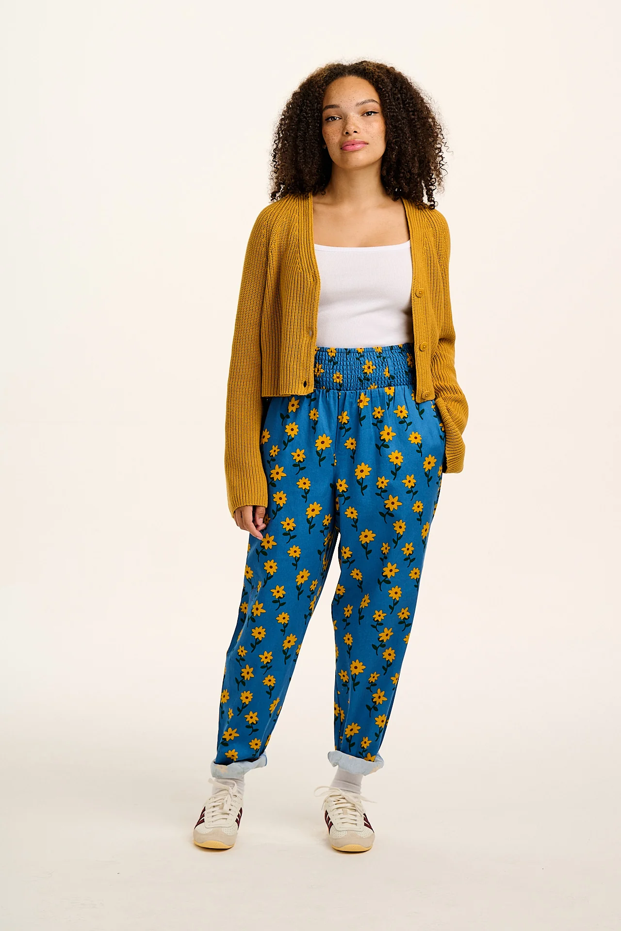 Alexa - Cotton Trousers in Blue Sunflowers Print