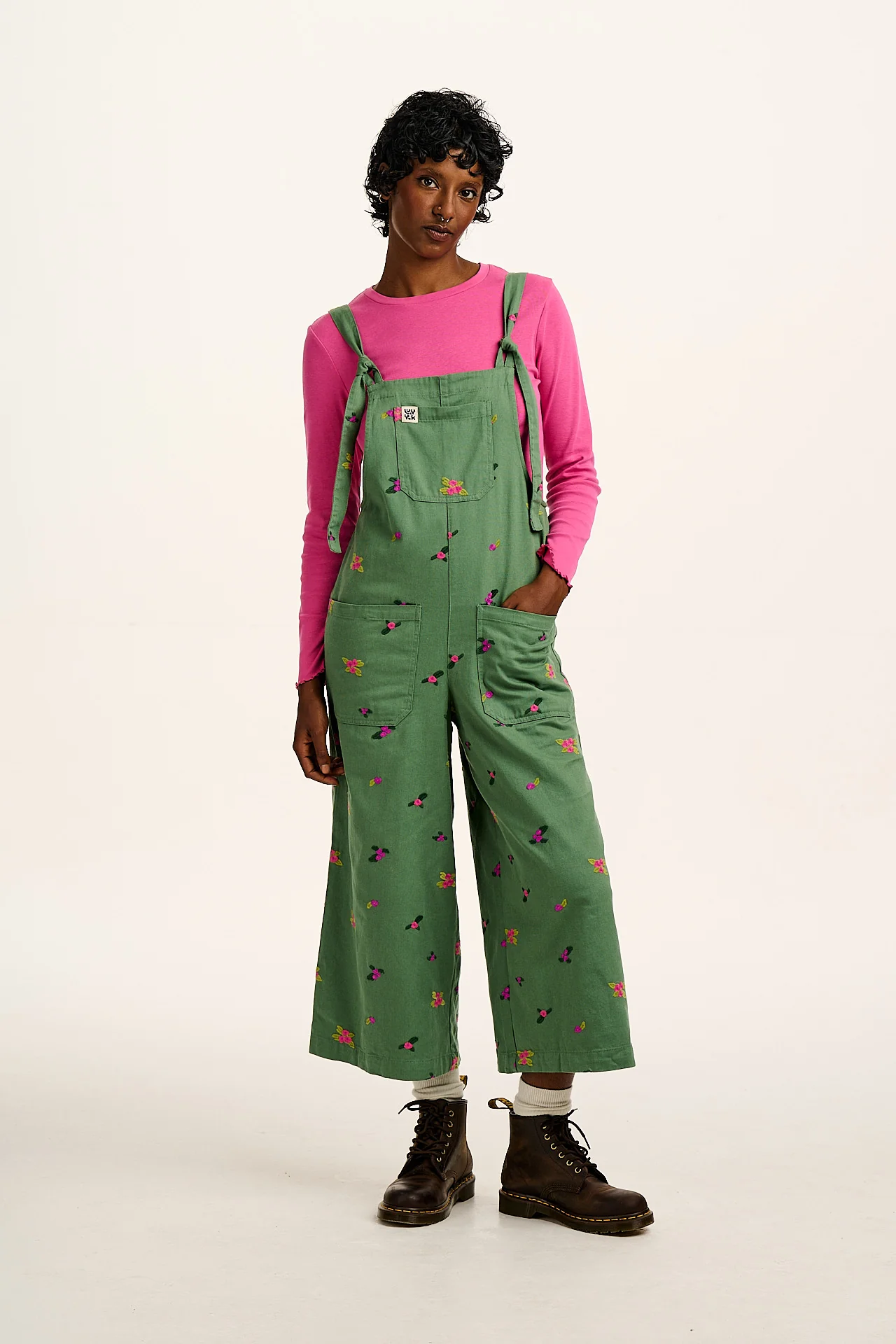 Jenny -  Wide Leg Cotton Dungarees in Green with Floral Embroidery