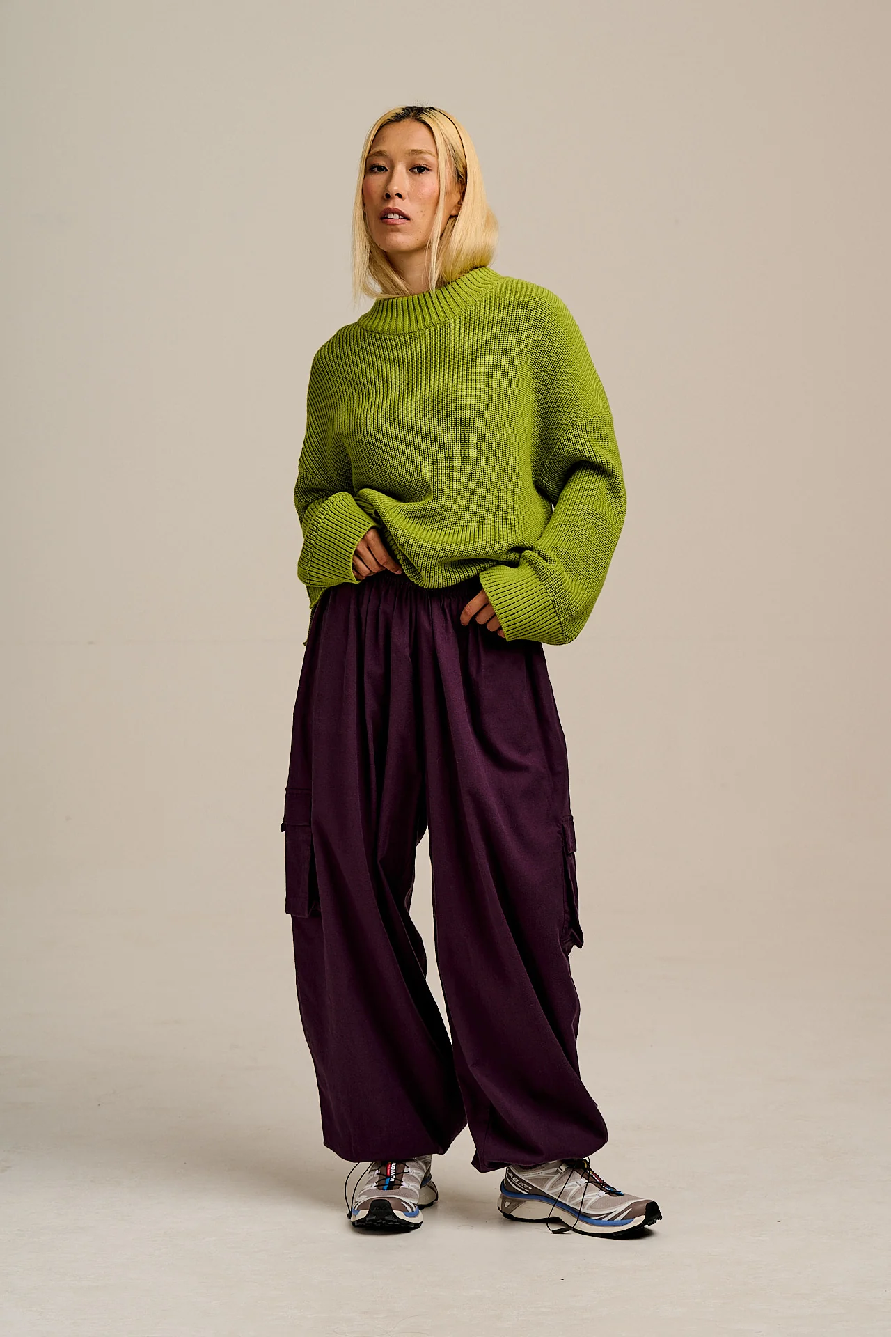 Rumi - Brushed Cotton Barrel Trousers in Plum Perfect