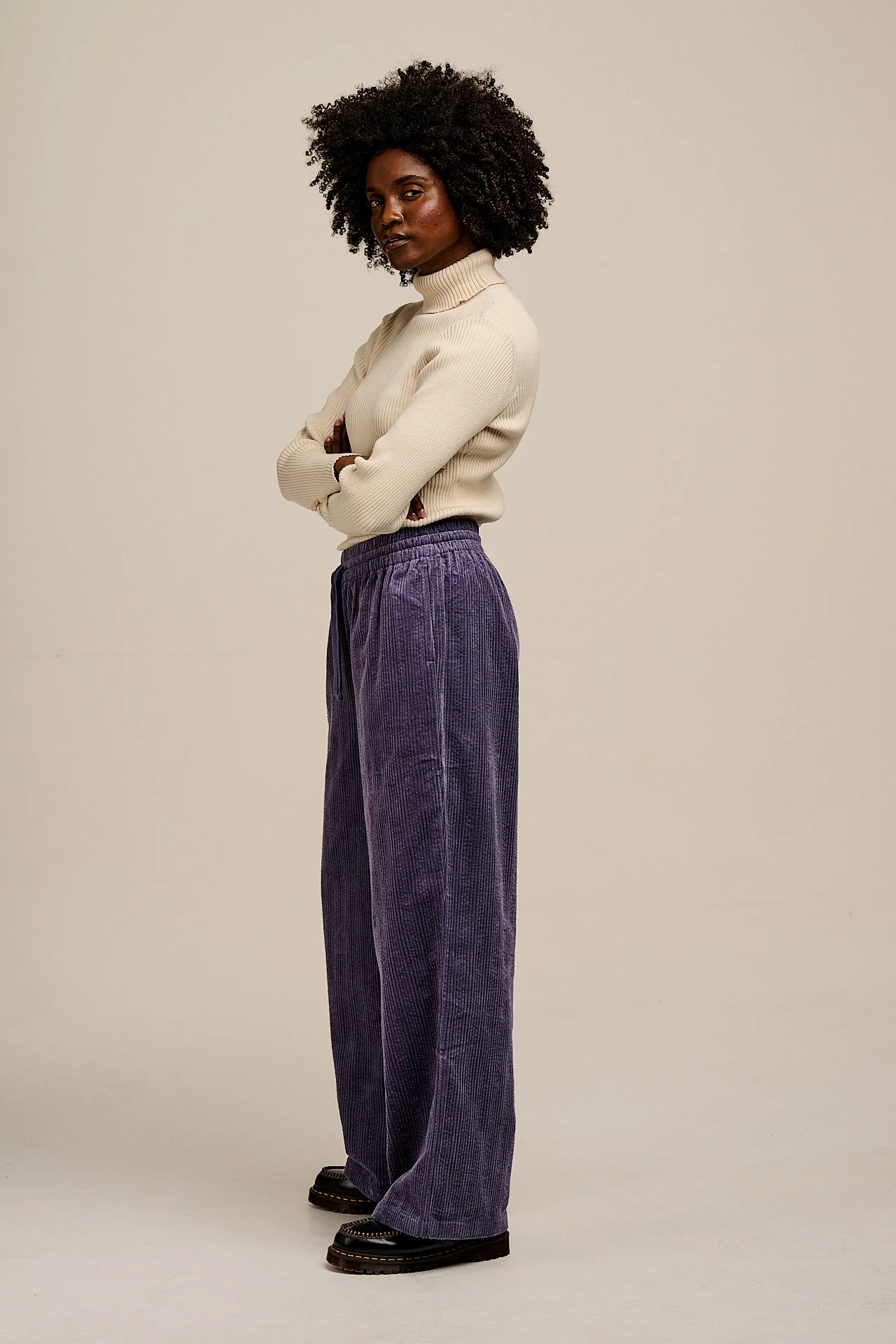 Norris - Wide Leg Corduroy Trousers in Blueberry Mist