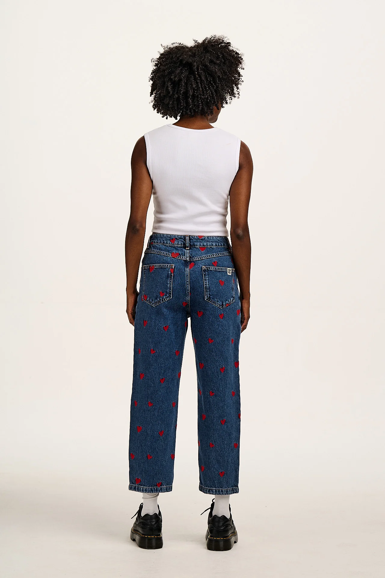 Drew - Cropped Straight Leg Denim Jeans in Mid Wash Blue with Cupid Hearts Embroidery