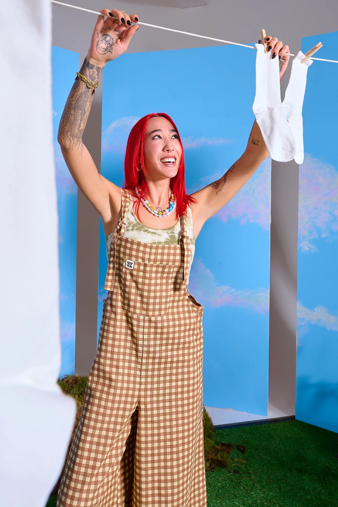 Ali - Wide Leg Cotton Dungarees Brown Birch Gingham Print