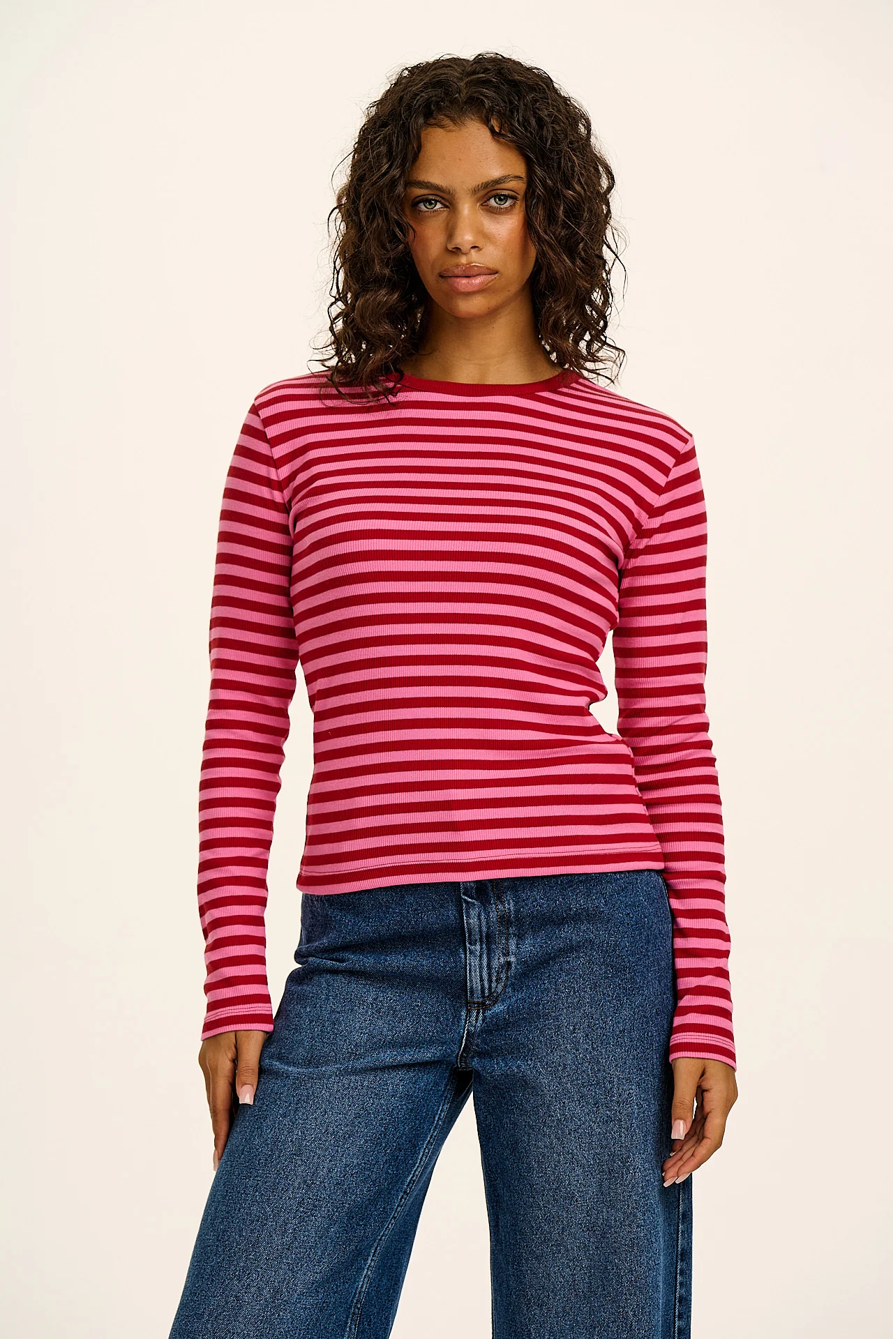 Grayson - Long Sleeve Cotton Tee in Pink & Red Stripe