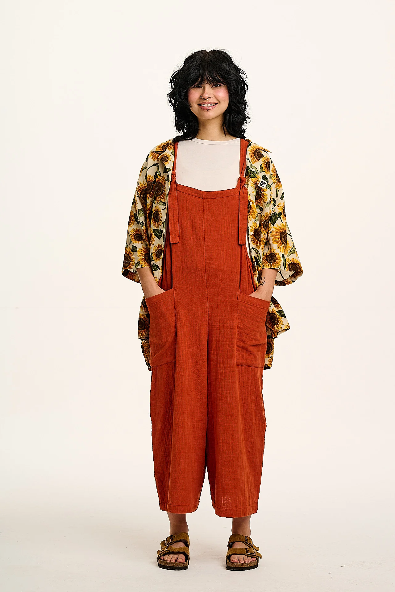Rudy - Cotton Gauze Dungarees in Terracotta Orange