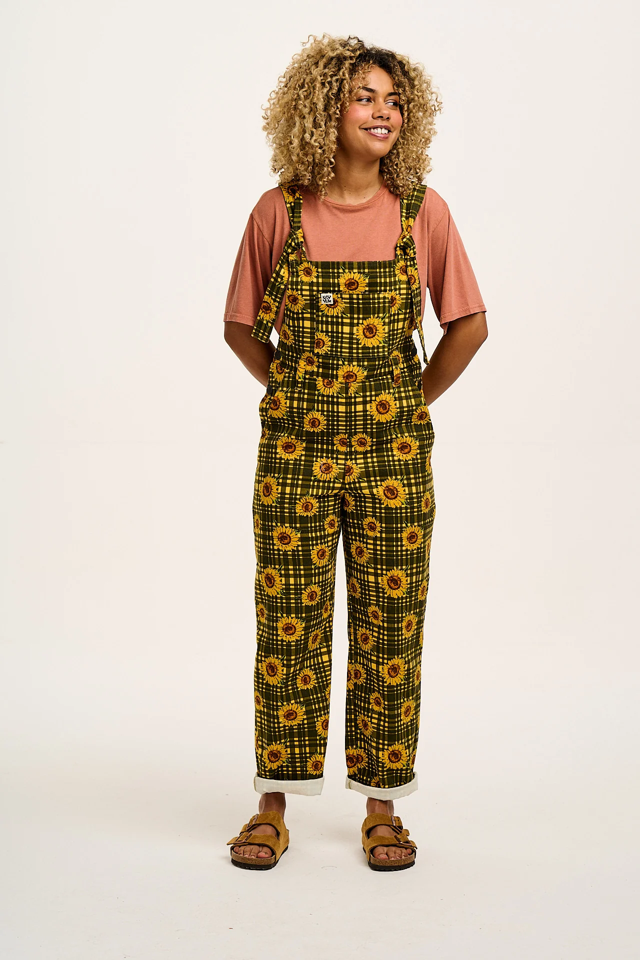 Easton - Cotton Dungarees in Green Sunday Sunflowers Print