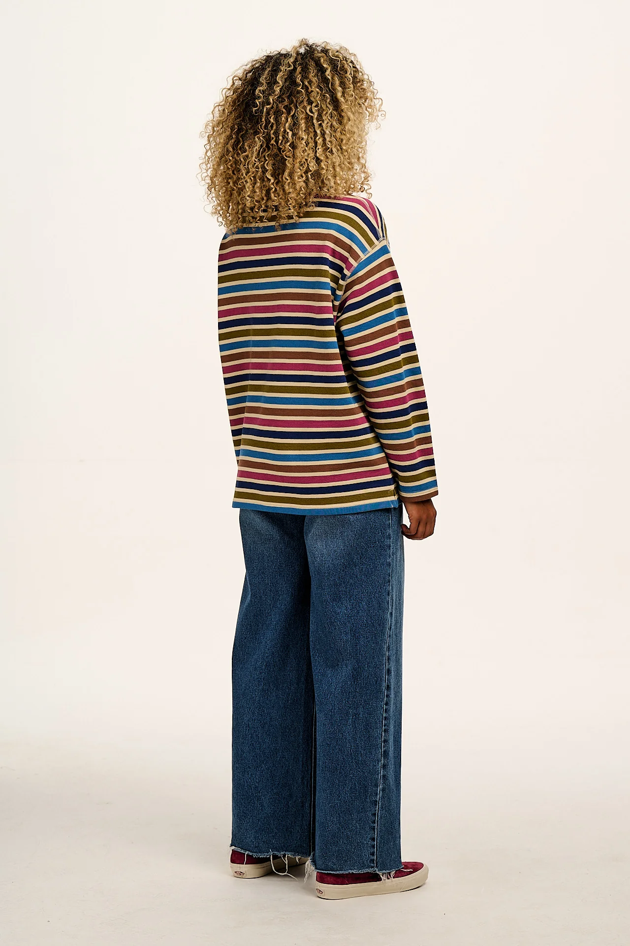 Kai - Midweight Cotton Crew Neck Sweatshirt in Rainbow & Ecru Stripe
