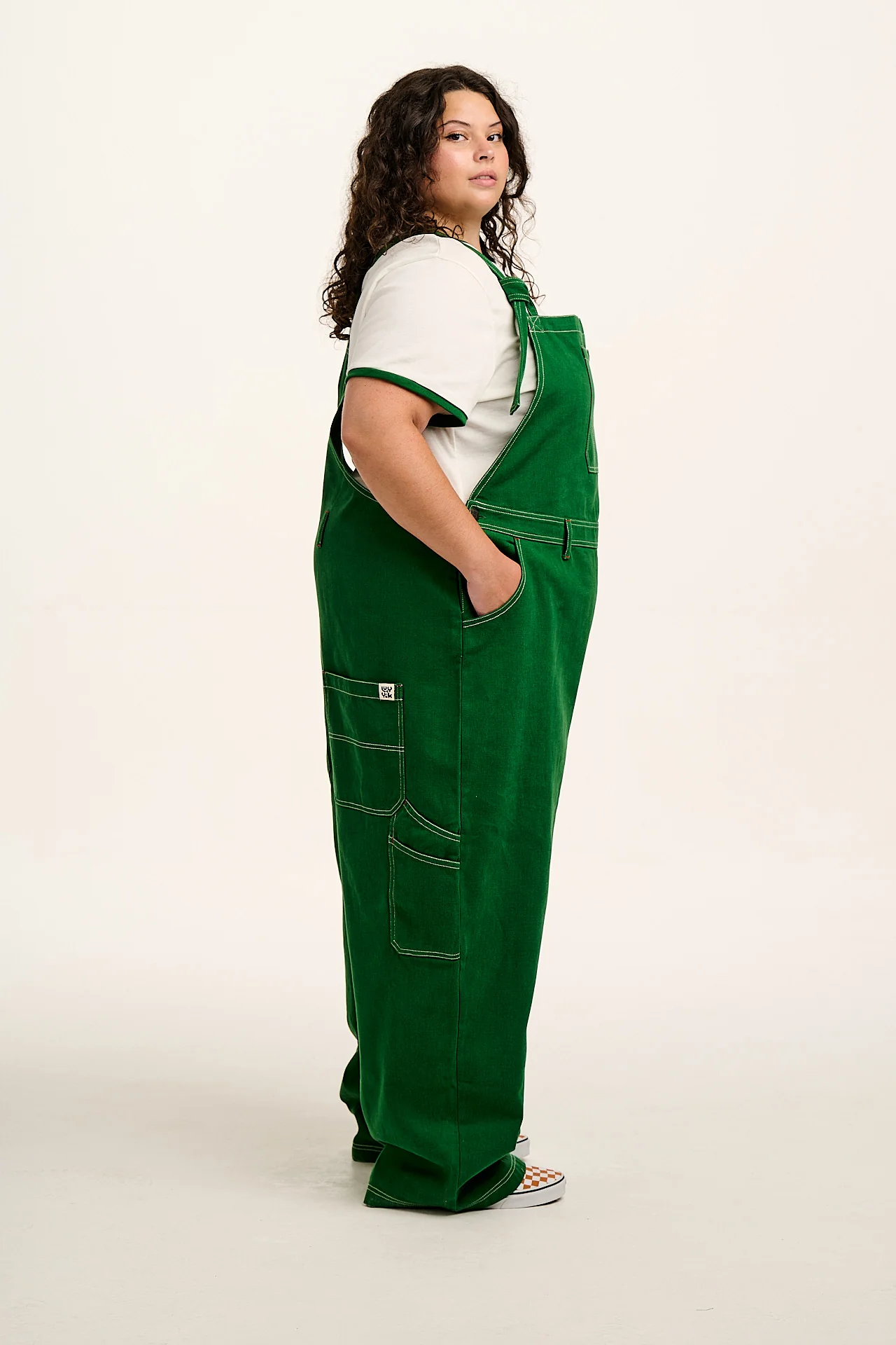 Mullen - Cotton Dungarees in Green Contrast Stitch