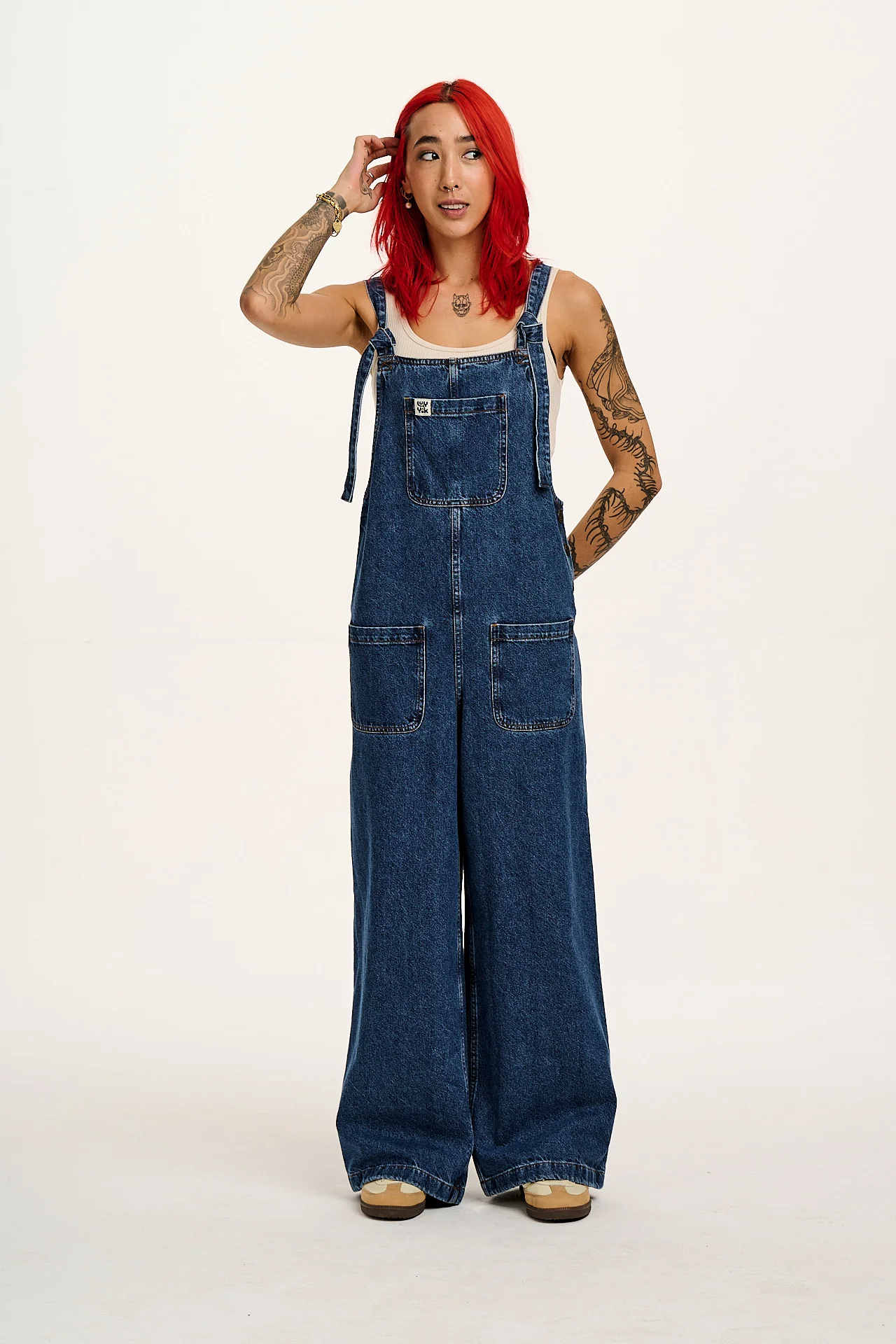 Ali - Wide Leg Denim Dungarees in Mid Wash Blue