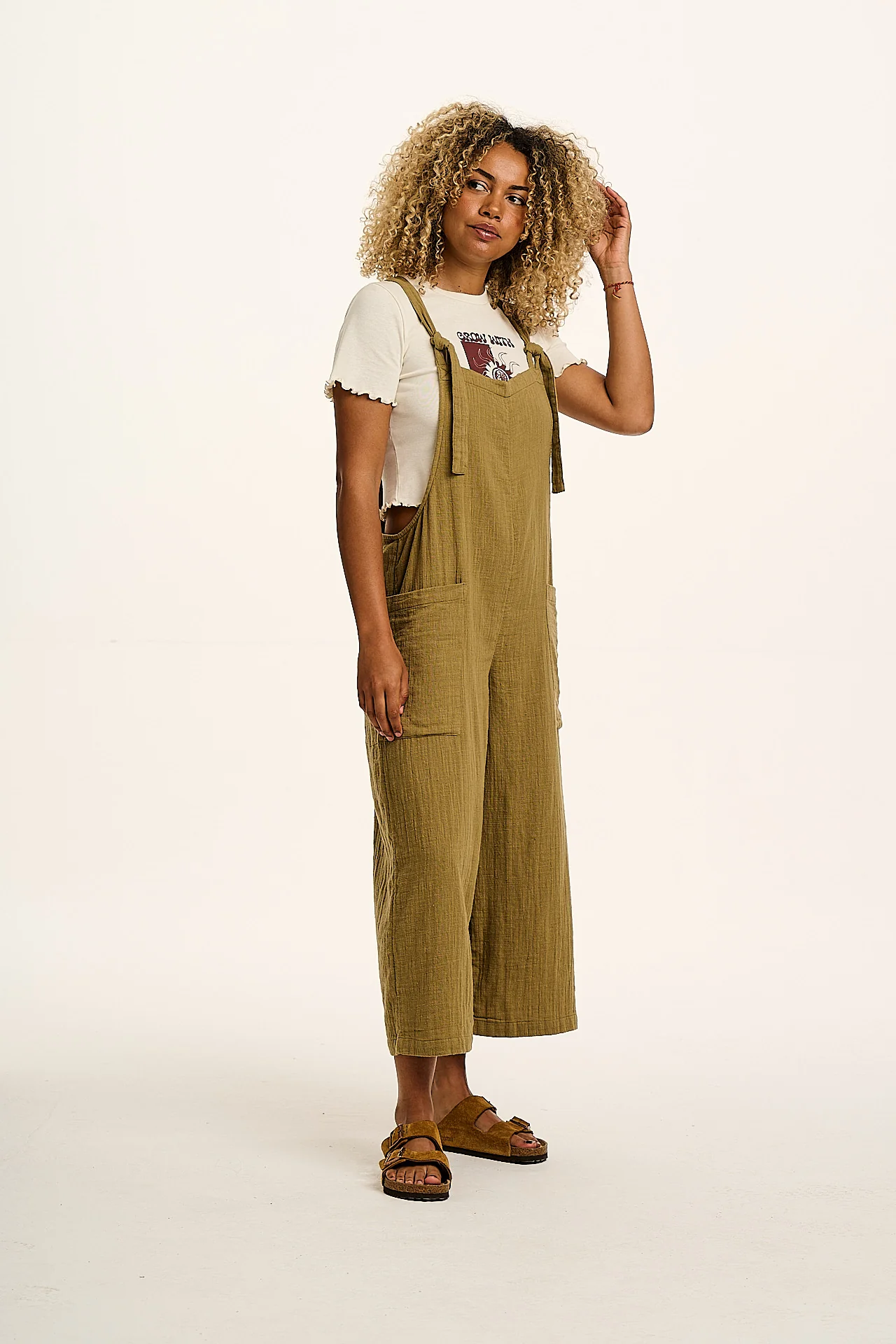 Rudy - Cotton Gauze Dungarees in Olive Green
