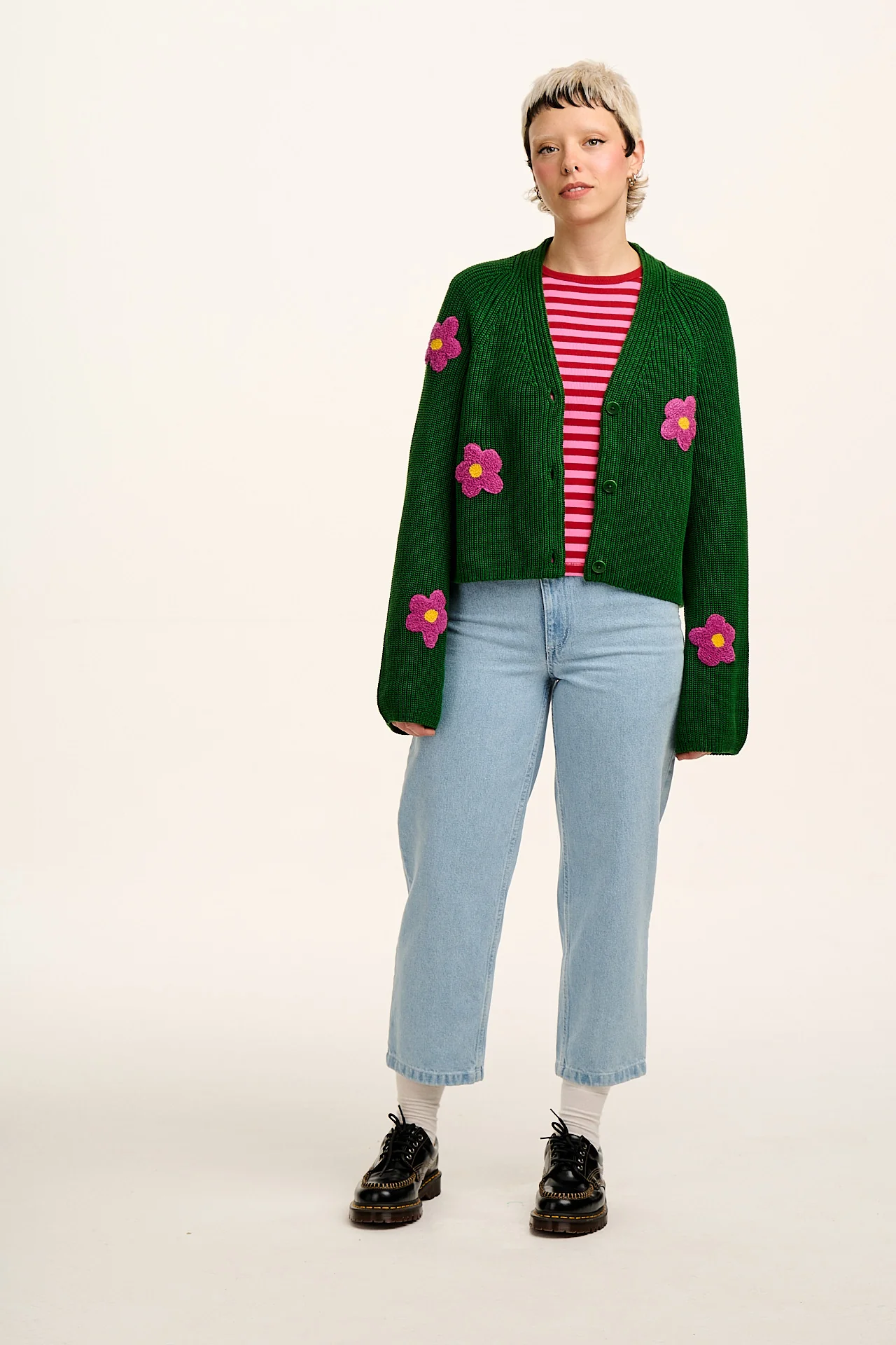 Robyn - V-Neck Cotton Cardigan in Green with Bubble Floral Motif