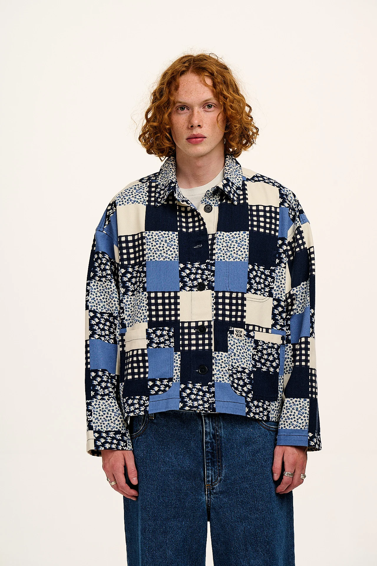 Connie - Cotton Jacket in Inked Blue Patchwork