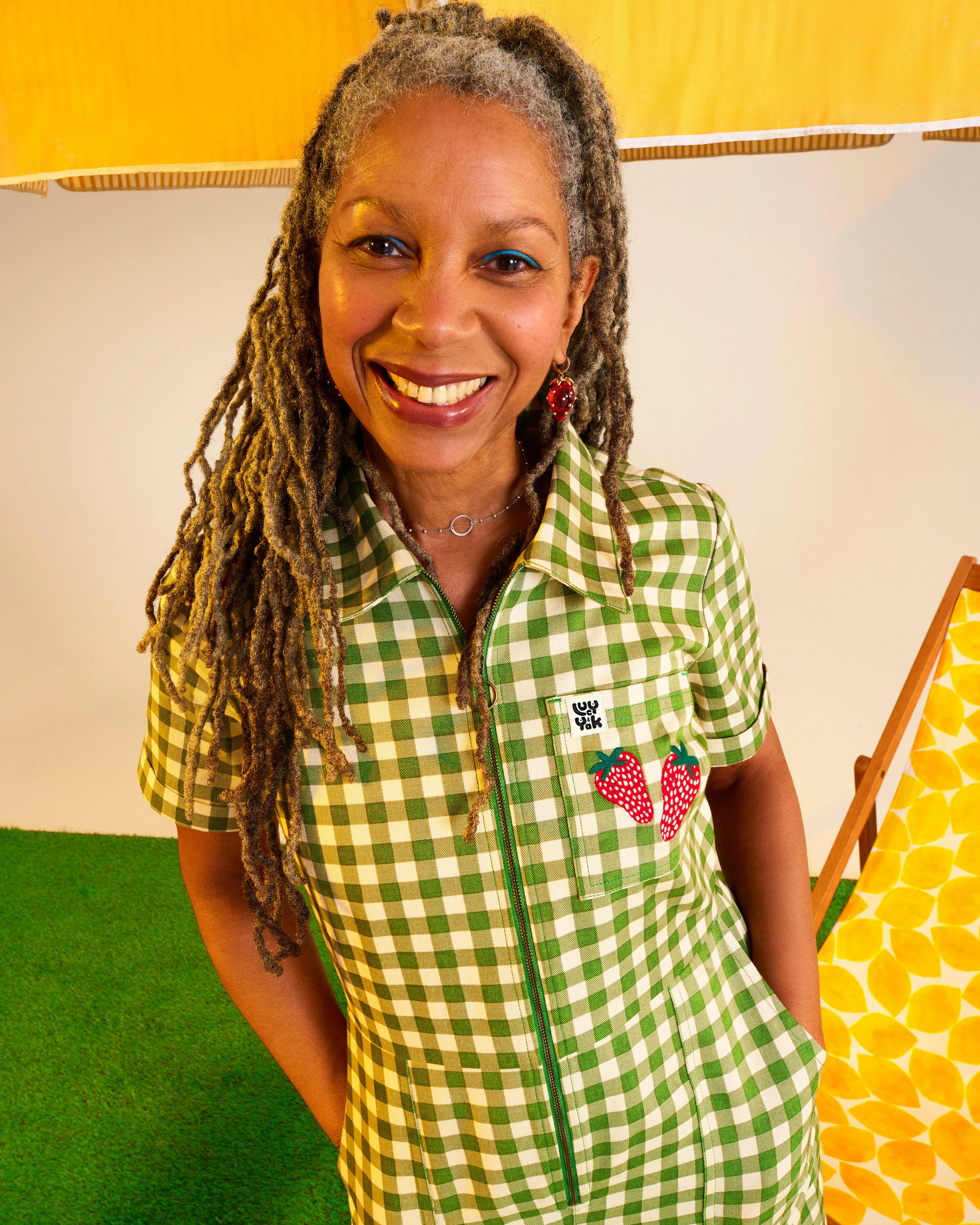 Ragan - Cotton Jumpsuit in Green Gingham with Strawberry Embroidery