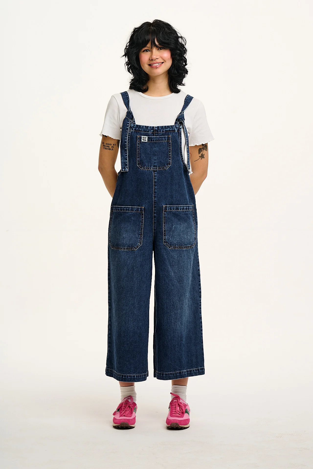 Jenny - Wide Leg Denim Dungarees in Vintage Wash Blue