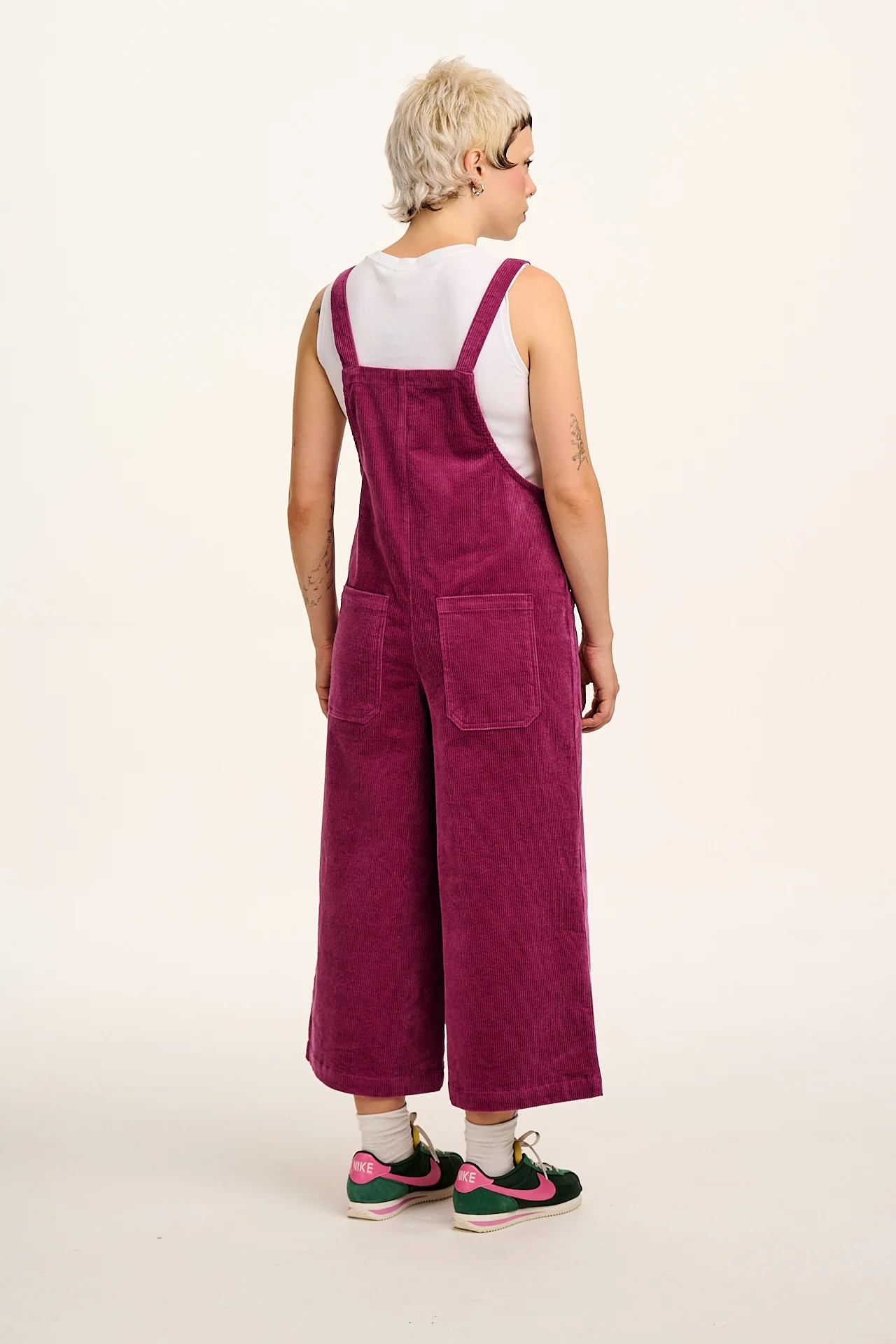 Jenny - Wide Leg Corduroy Dungaree in Raspberry