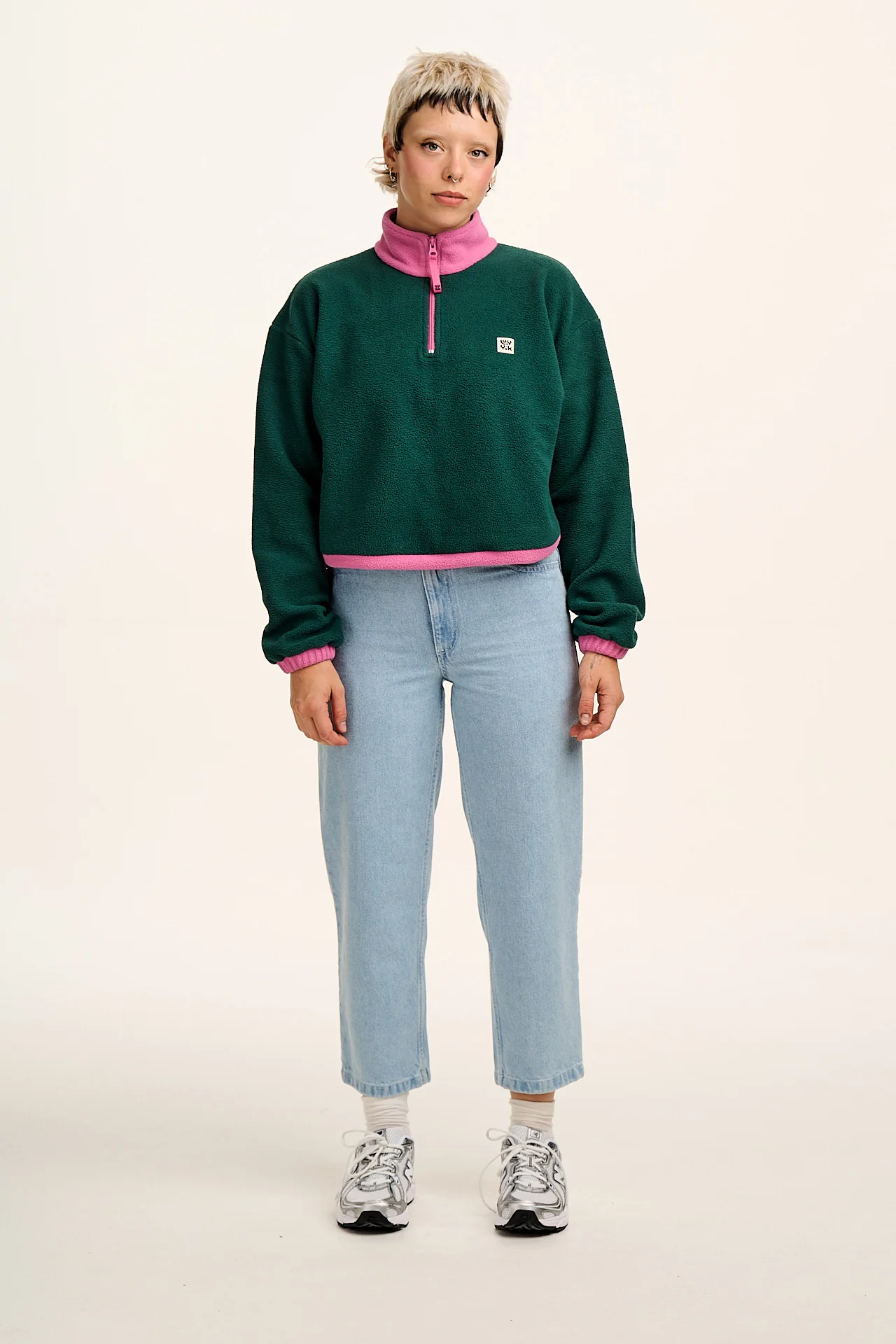 Blake - Cropped Polar Fleece in Green with Pink Contrast