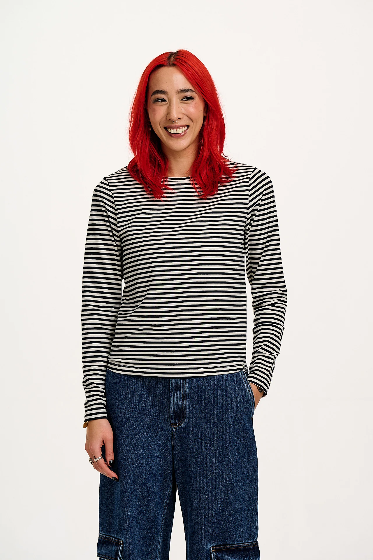 Rey - Long Sleeve Cotton Top in Black & White Stripe