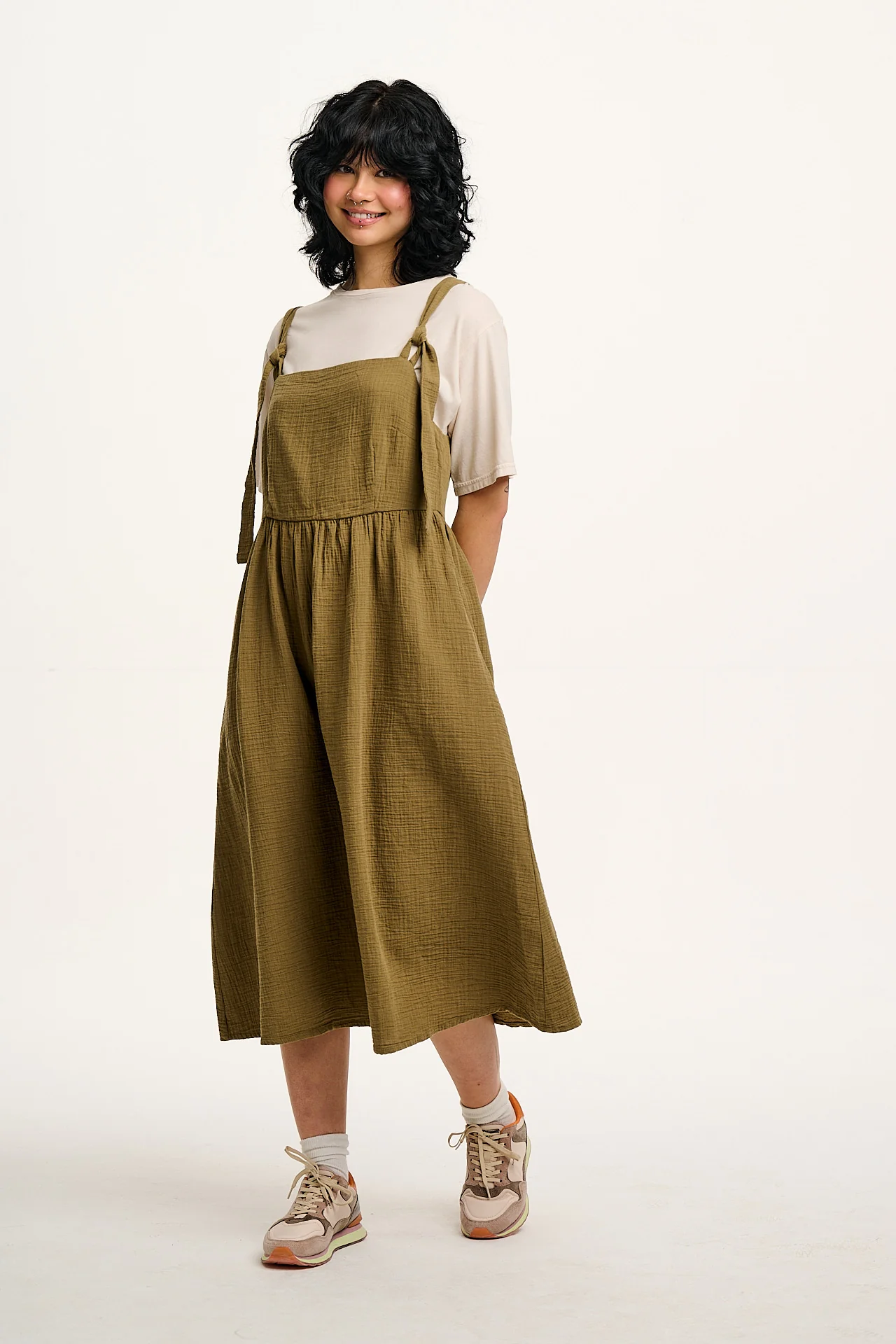 Faye - Midi Cotton Gauze Dress in Khaki Green