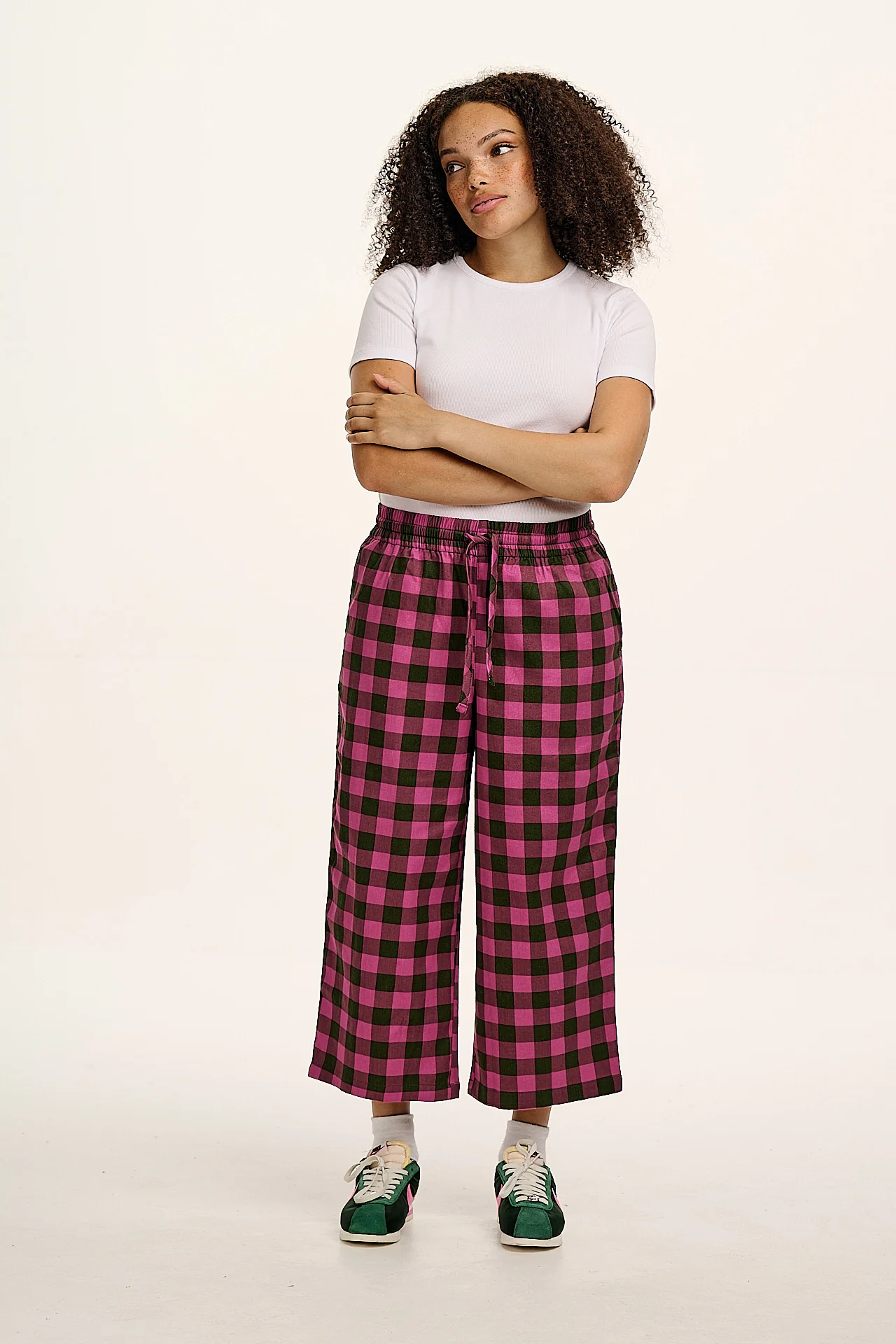 Chuck - Wide Leg Cotton Trousers in Pink and Green Checkerboard