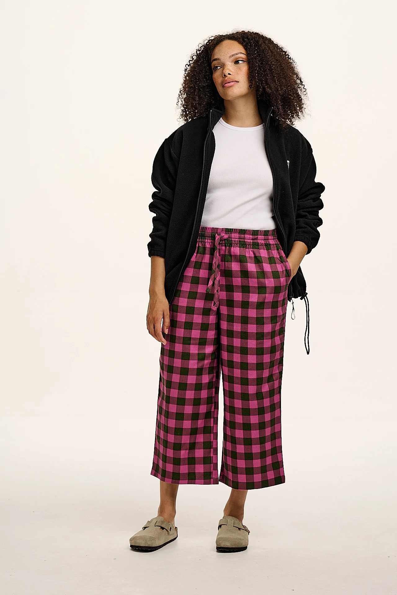 Chuck - Wide Leg Cotton Trousers in Pink and Green Checkerboard