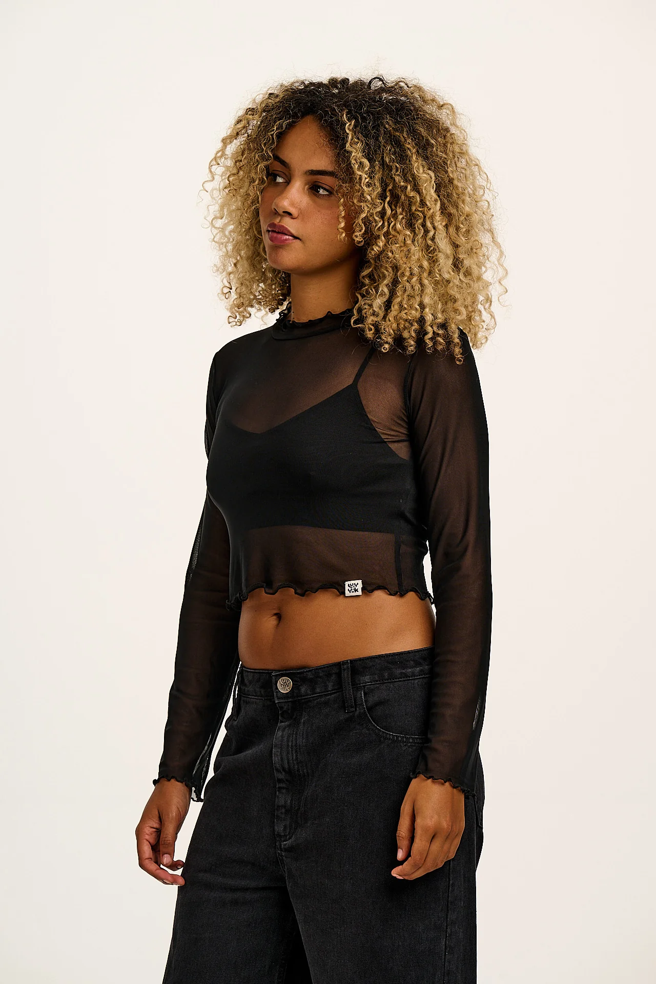 Perrie - Long Sleeve Mesh Top in Black